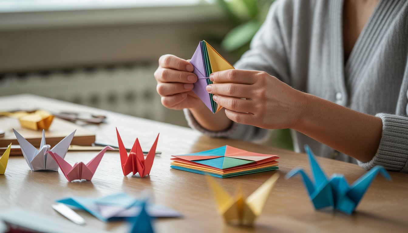 Hands folding colorful origami paper on a wooden table with finished origami figures nearby.