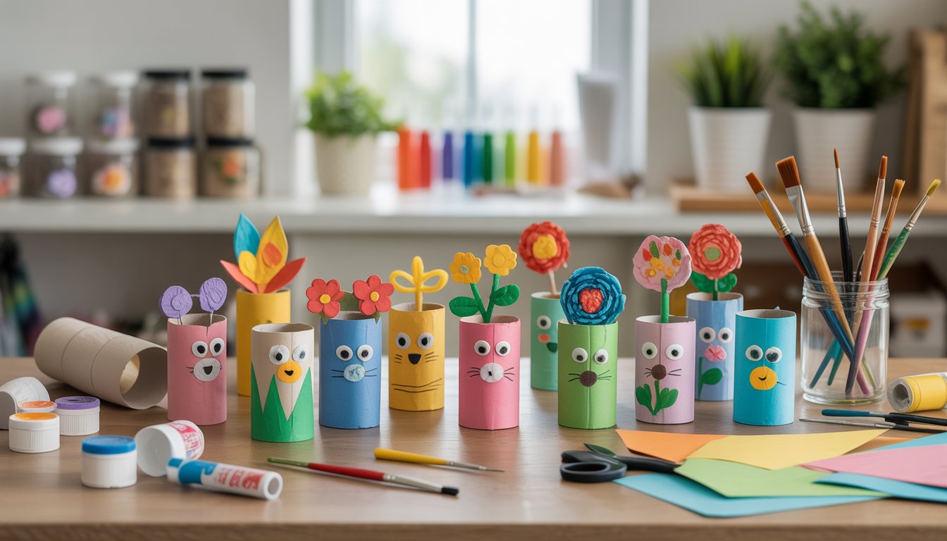 A workspace with various colorful crafts made from toilet paper rolls arranged on a table with painting and crafting supplies nearby.