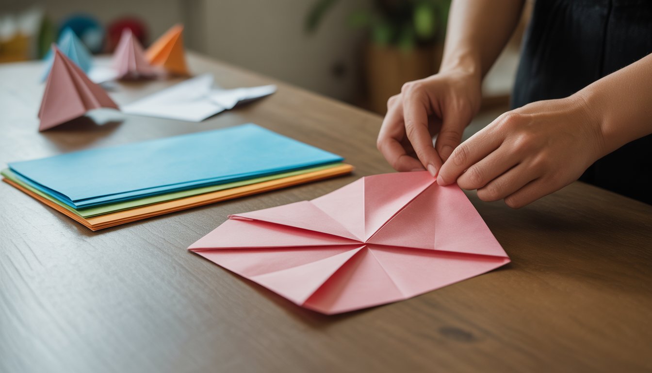 Hands folding colorful origami paper on a wooden table with completed origami models in the background.