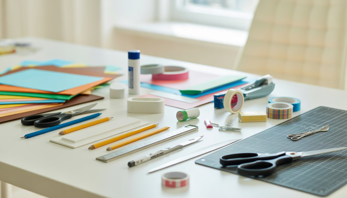 A workspace with various paper craft materials and tools arranged on a white table, including colorful paper, scissors, craft knives, rulers, glue, and decorative items.