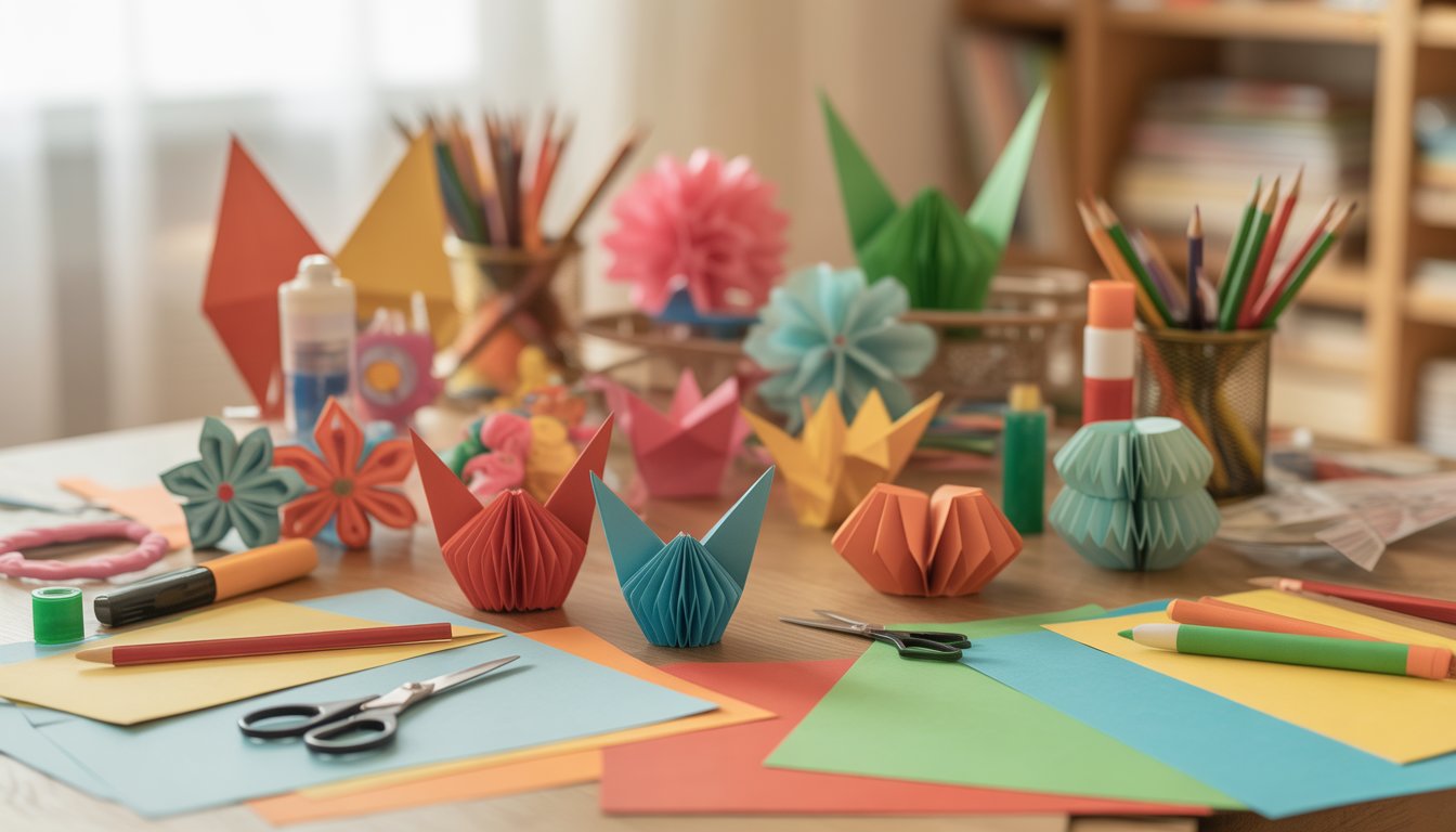A table covered with colorful paper crafts including origami animals, paper flowers, and paper airplanes, along with scissors and colored paper.