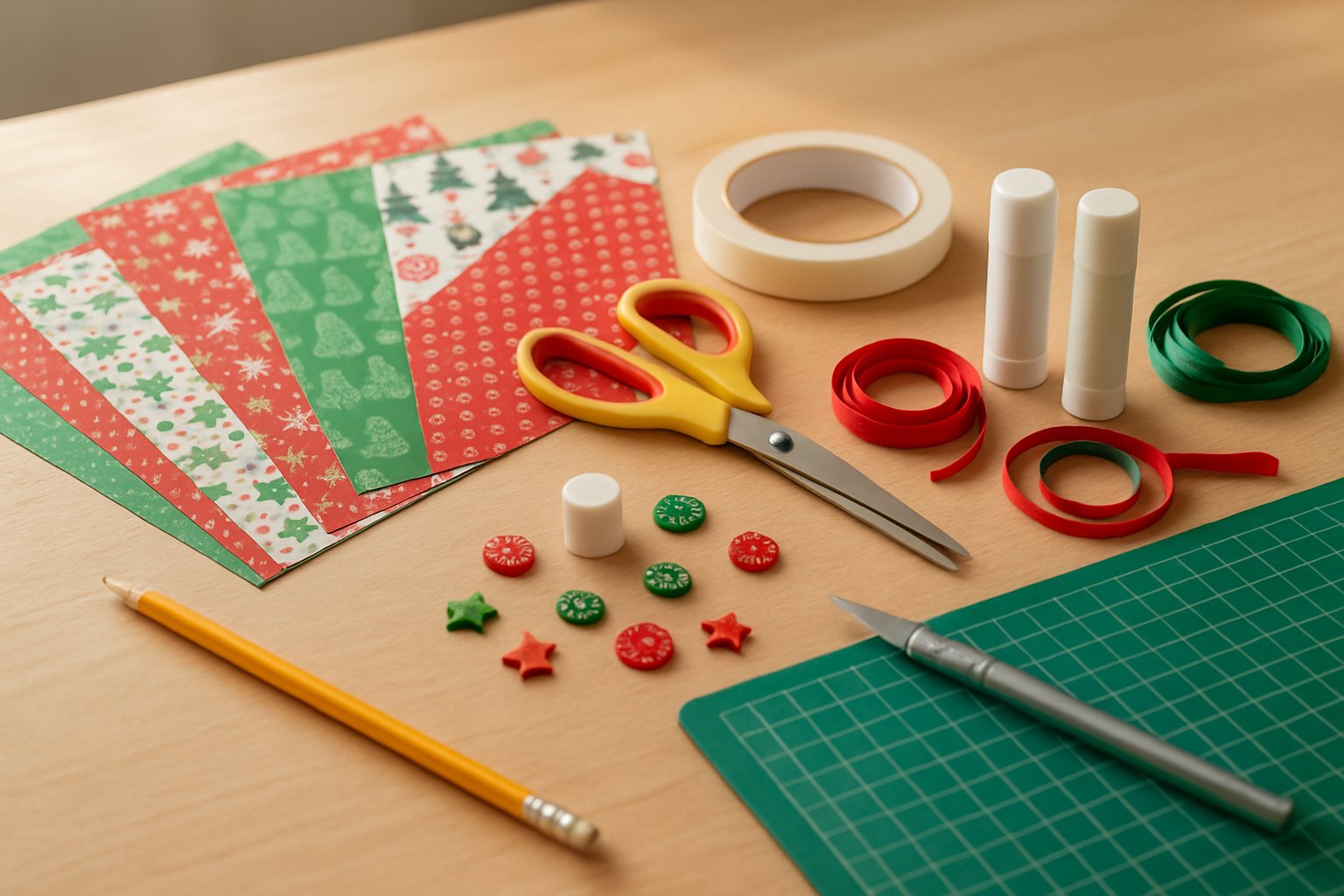 A table with various Christmas paper craft materials and tools including patterned paper, scissors, glue, ribbons, buttons, and a cutting mat.