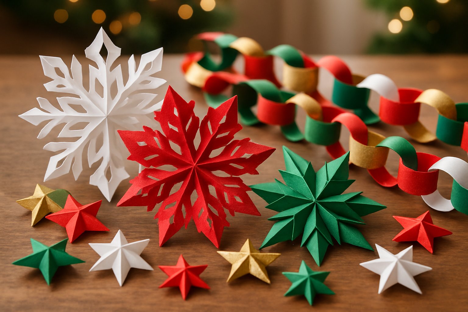 An assortment of colorful Christmas paper decorations including snowflakes, chains, and stars arranged on a wooden table.