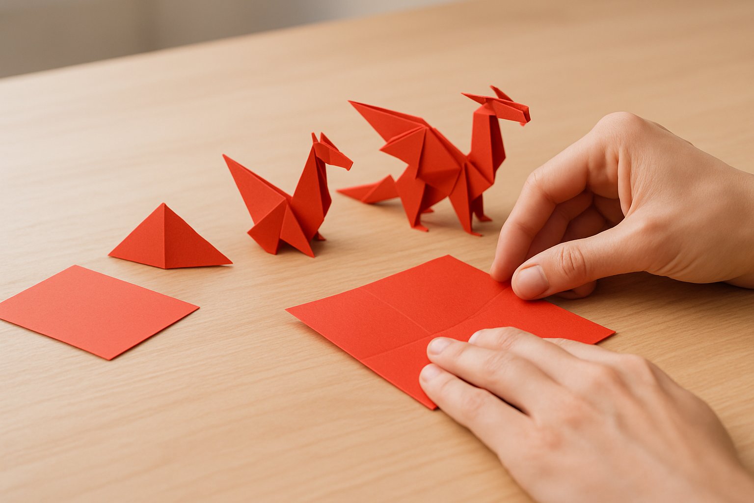 Hands folding red origami paper on a wooden table with several completed origami dragons nearby.