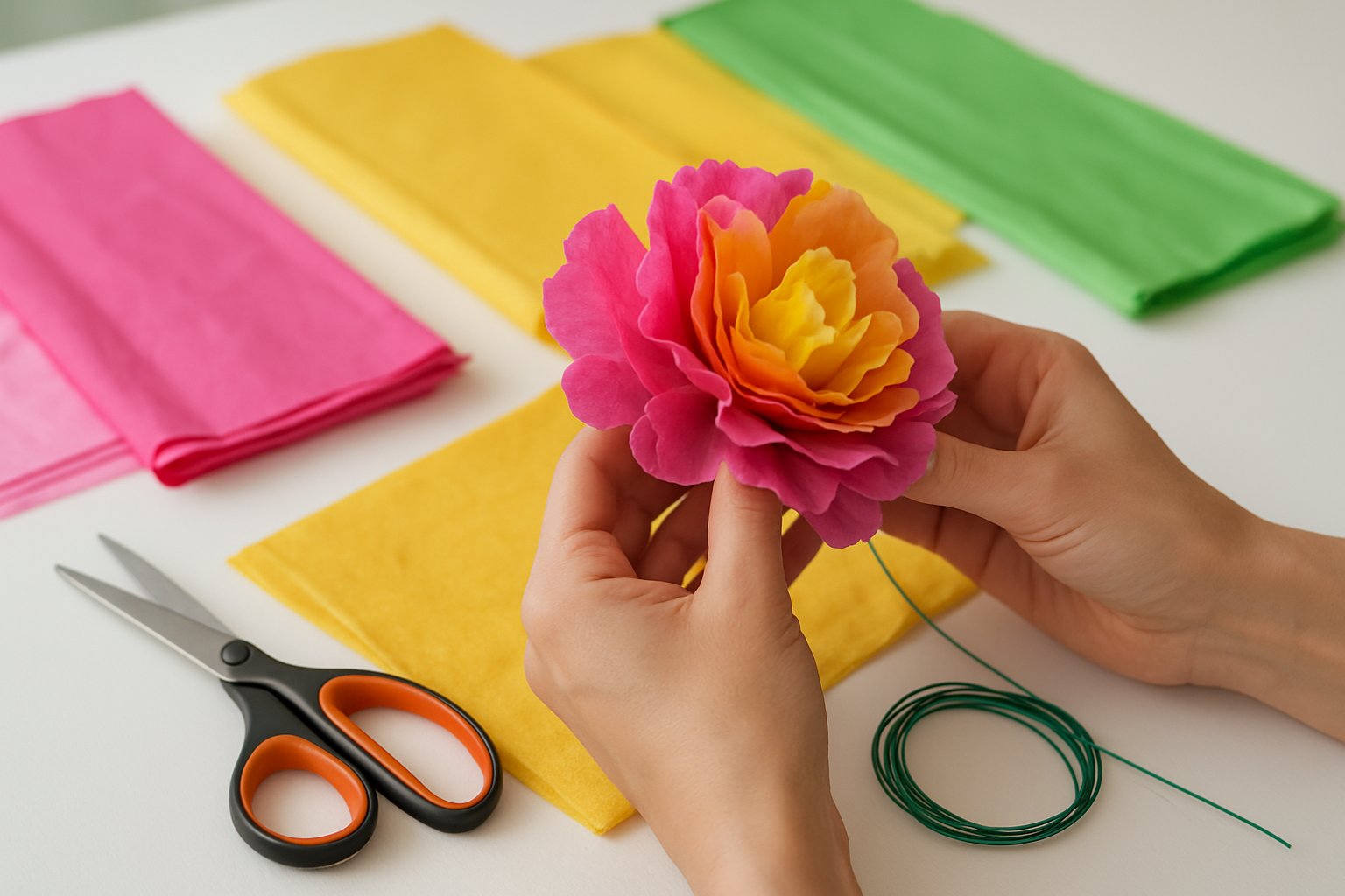 Hands making a colorful flower out of tissue paper with crafting materials on a table.
