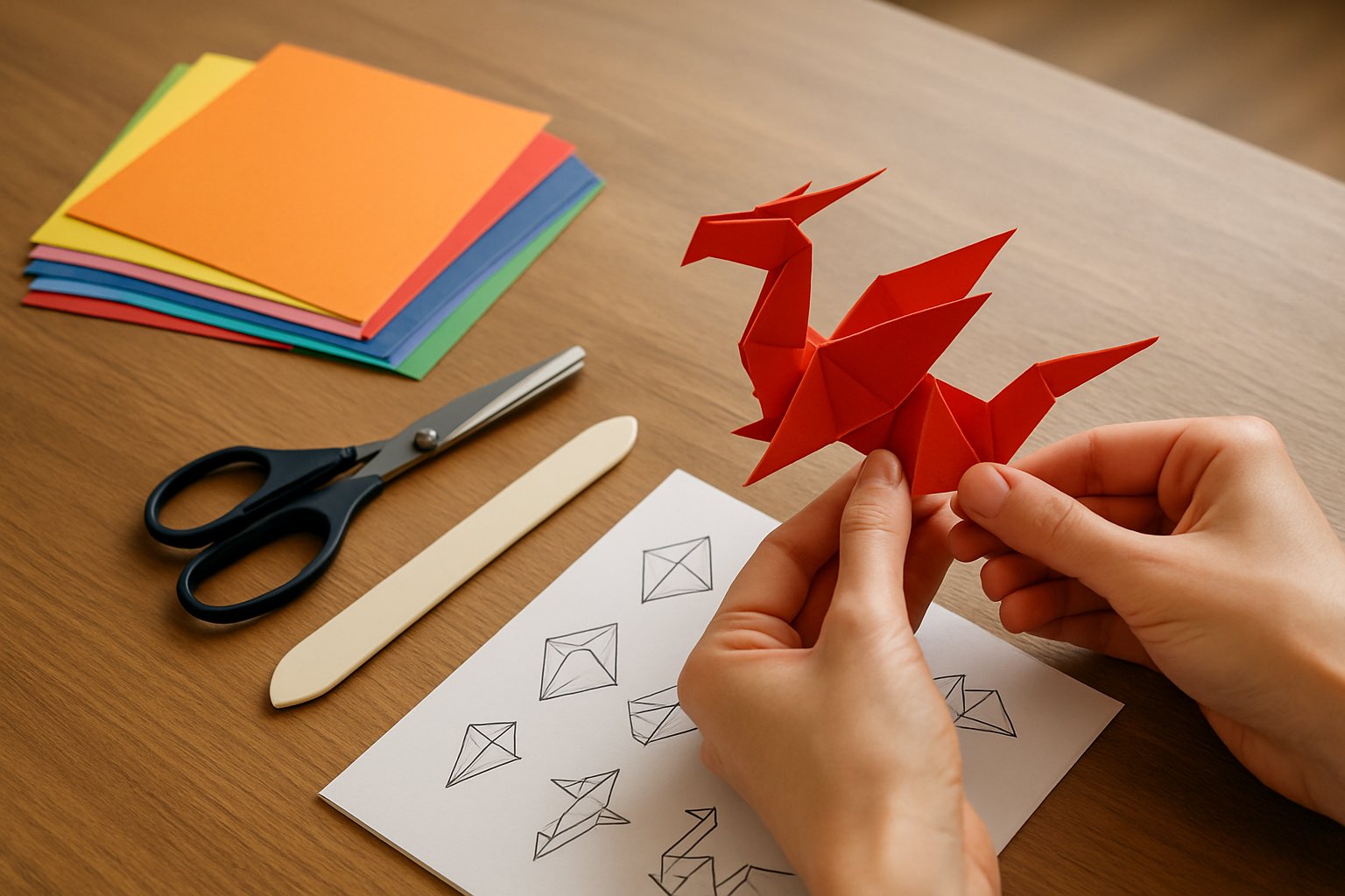 Hands folding a red origami paper dragon on a wooden table surrounded by origami paper sheets and folding tools.