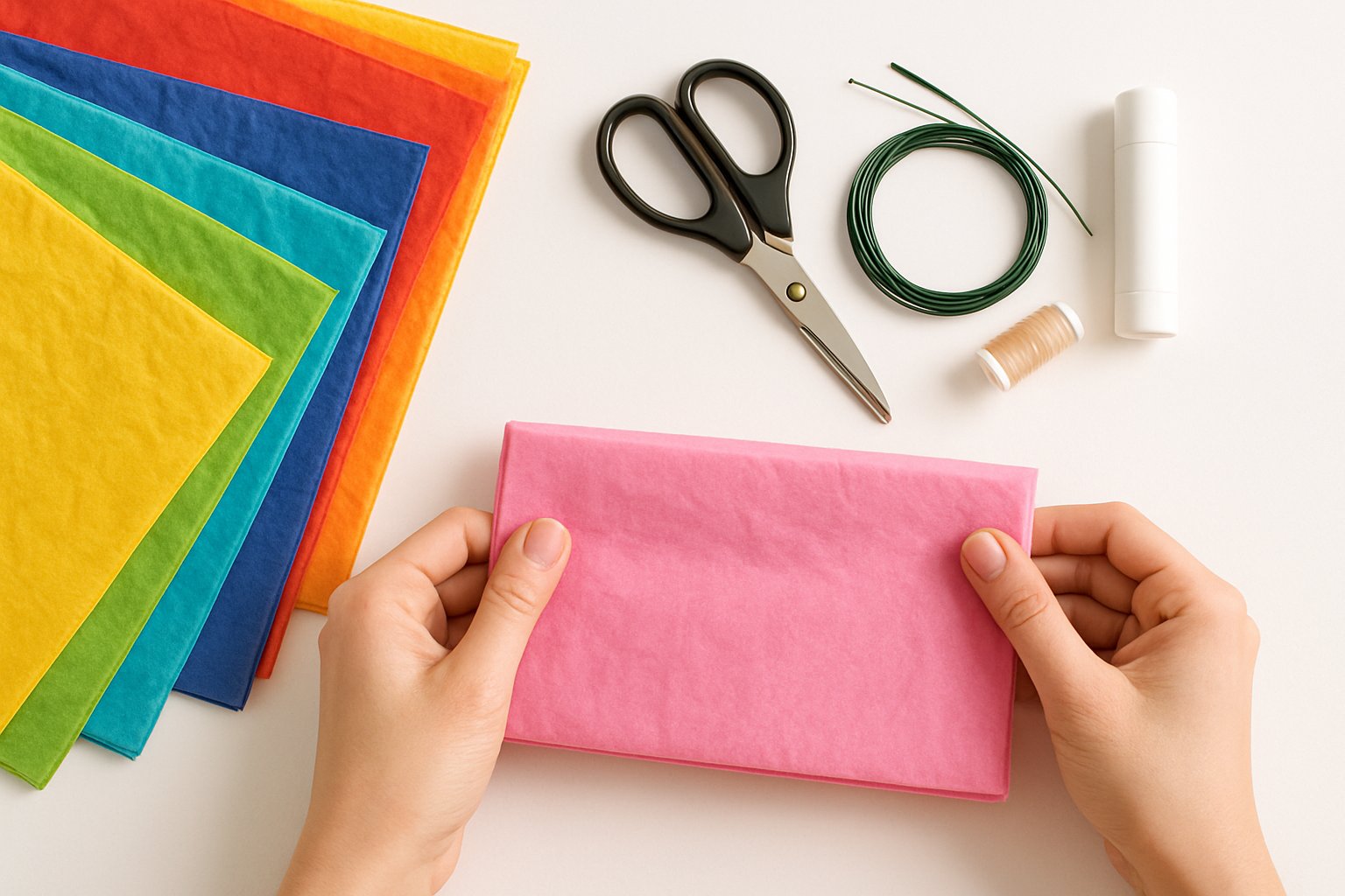 Hands preparing colorful tissue paper and crafting materials on a white surface to make a tissue paper flower.