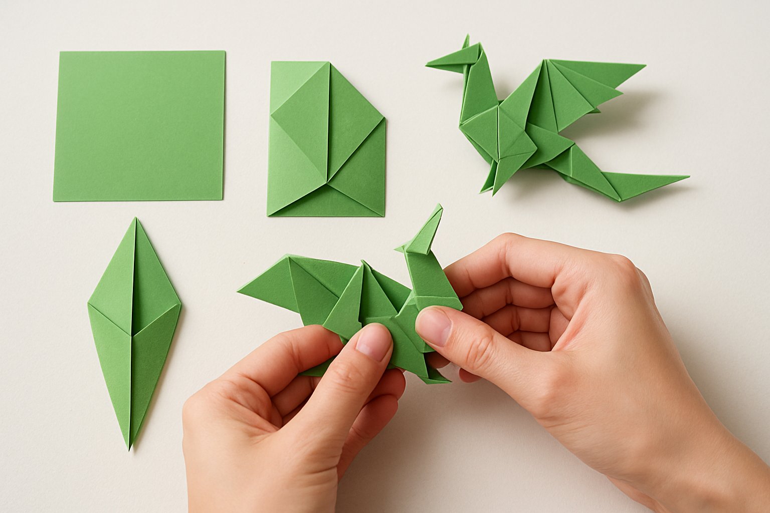 Hands folding a green origami paper into a dragon shape with several folding stages displayed on a clean workspace.