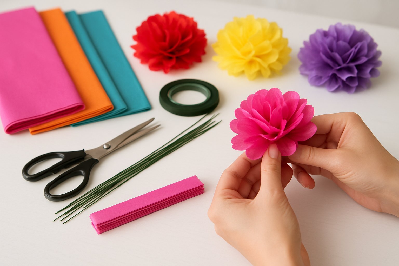 Hands crafting colorful tissue paper flowers on a clean workspace with scissors and floral supplies nearby.