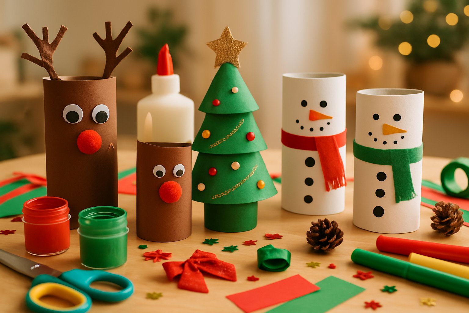 A table with Christmas crafts made from toilet paper rolls, surrounded by craft supplies like paint, glue, and scissors.