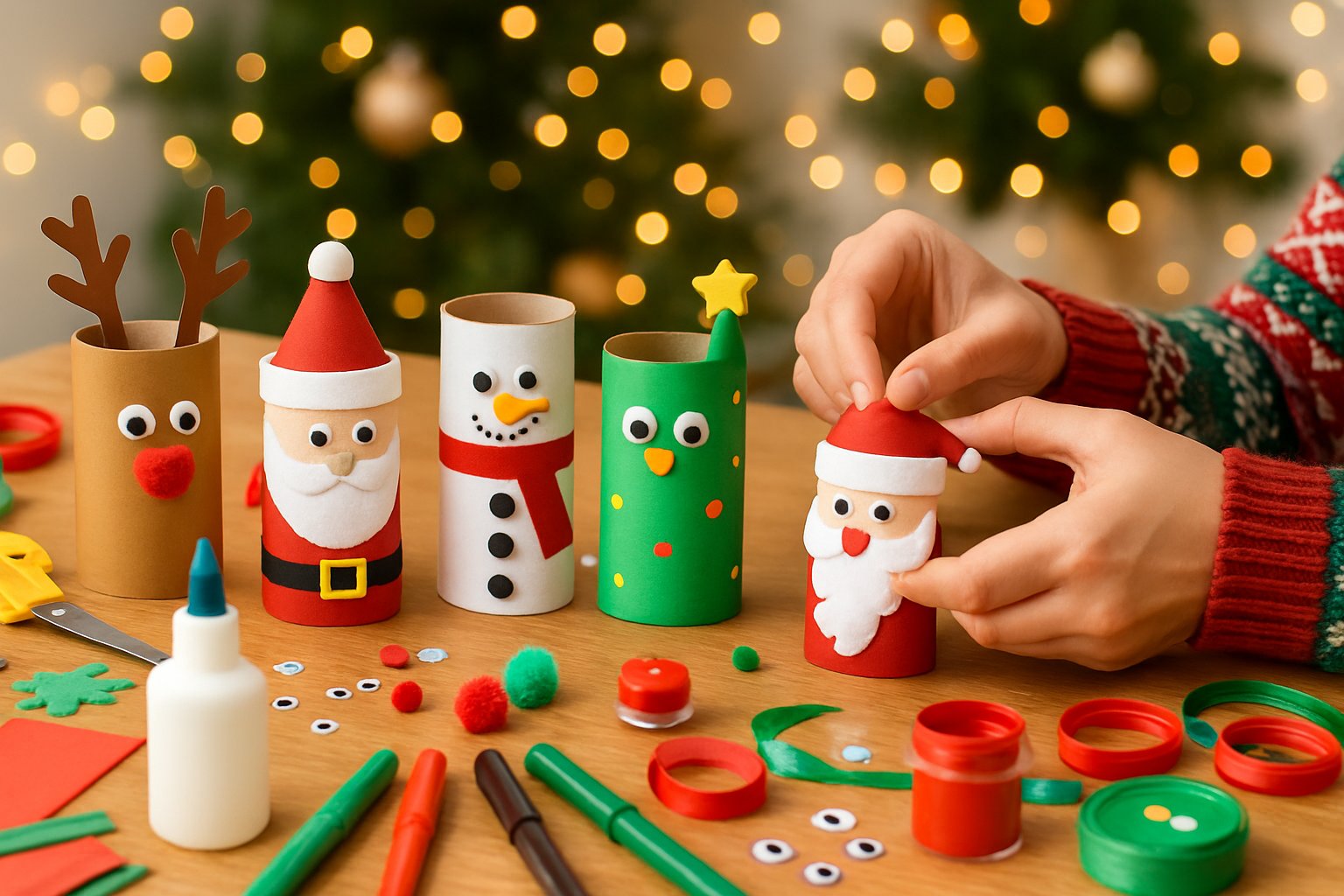 A table with Christmas crafts made from toilet paper rolls, craft supplies, and hands decorating one of the crafts.