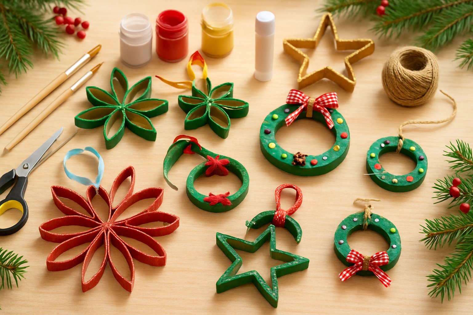 A table with handmade Christmas ornaments made from toilet paper rolls surrounded by craft supplies like paint, scissors, and ribbons.