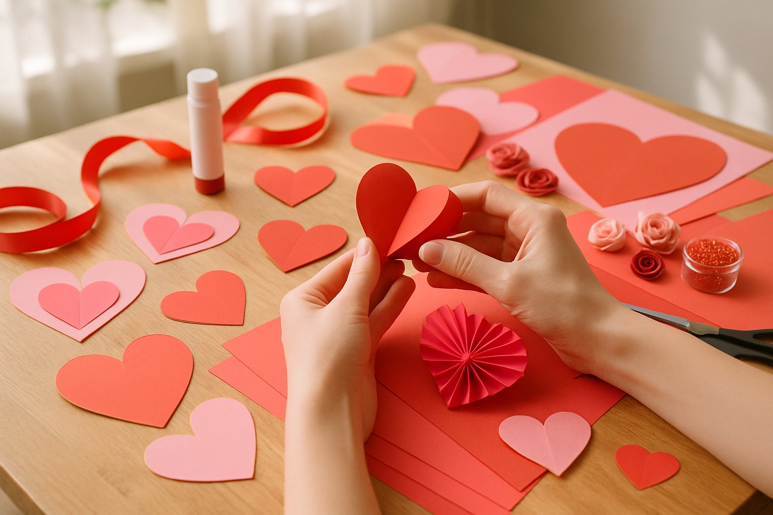 Hands making Valentine's Day paper crafts with heart-shaped cutouts, scissors, and colorful paper on a wooden table.