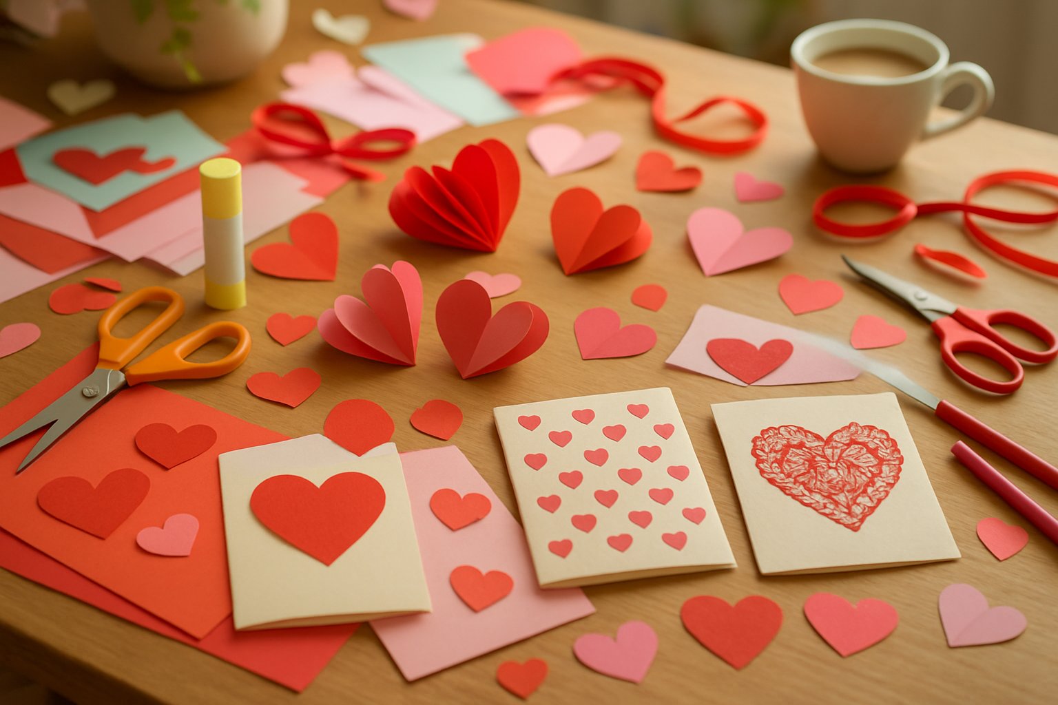A table covered with various Valentine's Day paper crafts, including heart-shaped cutouts, handmade cards, and crafting supplies.