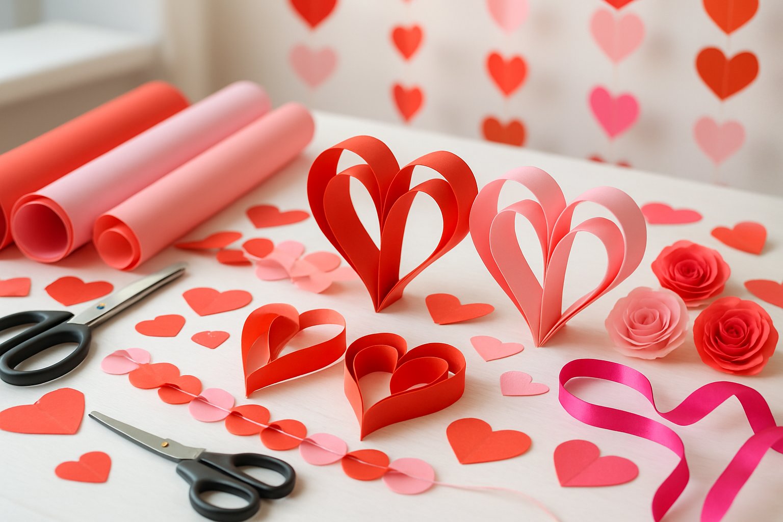 A table with various handmade paper hearts, flowers, and garlands in red, pink, and white, along with crafting tools like scissors and glue.