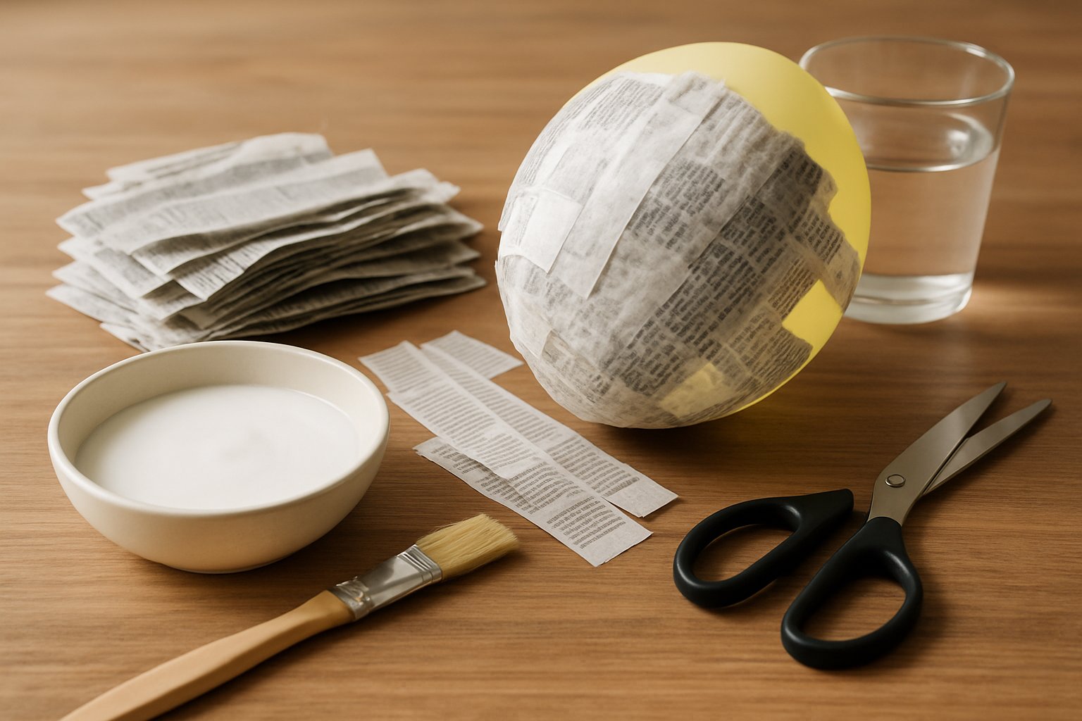 A table with materials for making paper mache masks including glue, torn newspaper strips, a partially covered balloon, a paintbrush, water container, and scissors.