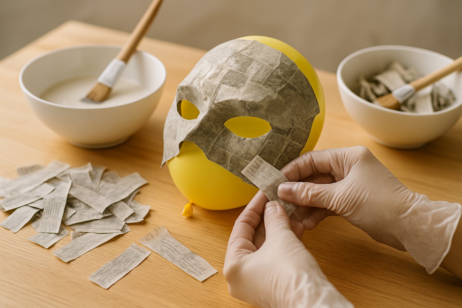 Hands applying paper mache strips to a mask form on a wooden table with crafting materials around.