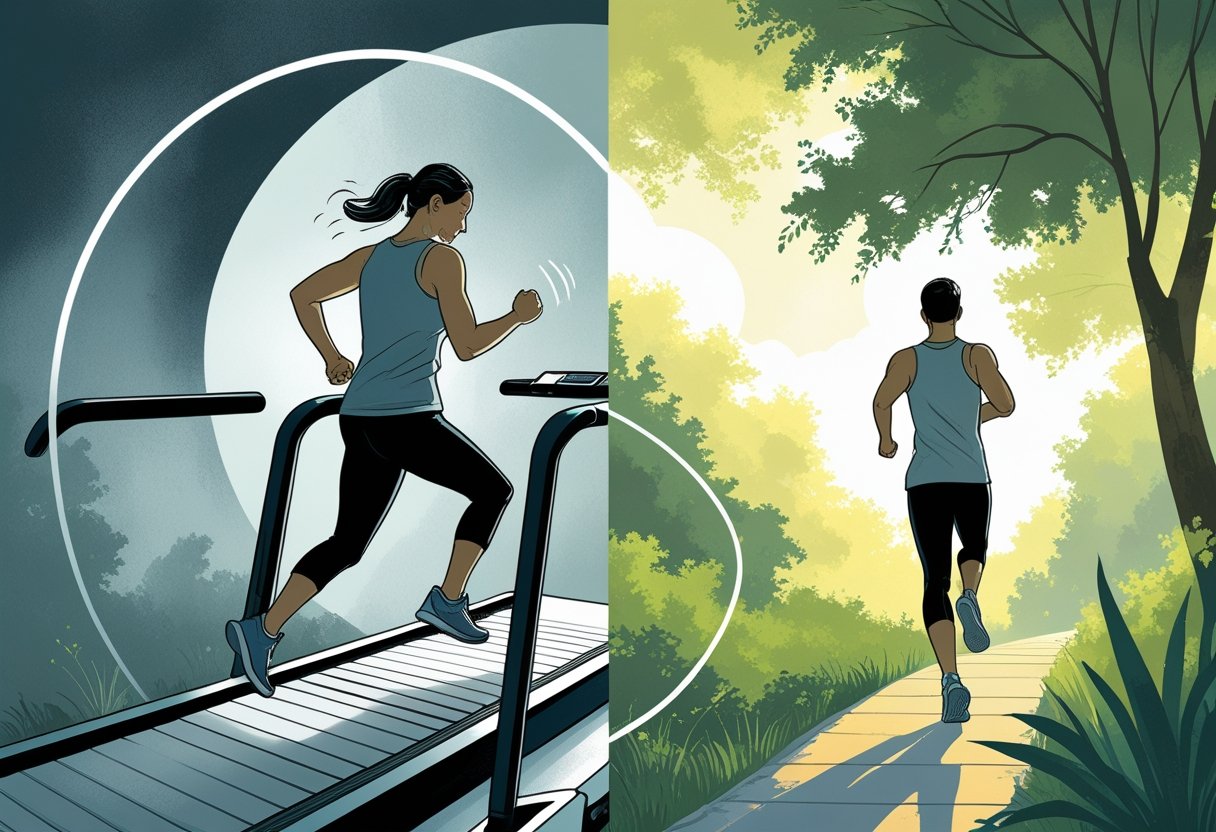 A person running on an endless treadmill looking exhausted, with a peaceful scene nearby where the same person steps off onto a calm path surrounded by trees and sunlight.