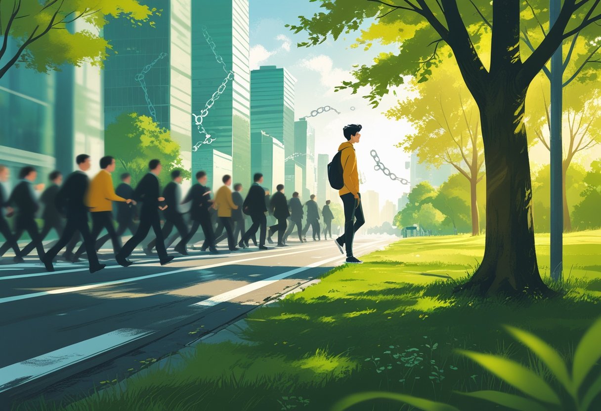 A person stepping away from a busy city street into a peaceful park, symbolizing taking a break from constant hustle.