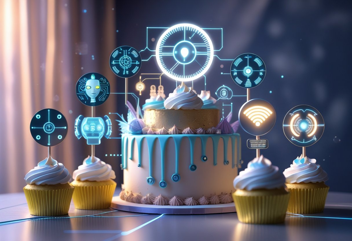 A decorated cake and cupcakes with small toppers shaped like robotic heads, circuit patterns, and digital symbols.