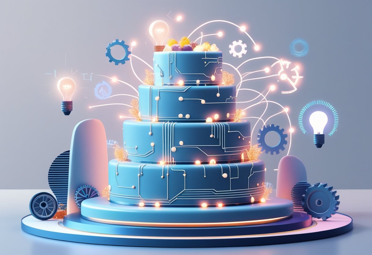 A multi-tiered cake decorated with glowing circuit patterns and surrounded by floating light bulbs and abstract gears, set against a clean background.