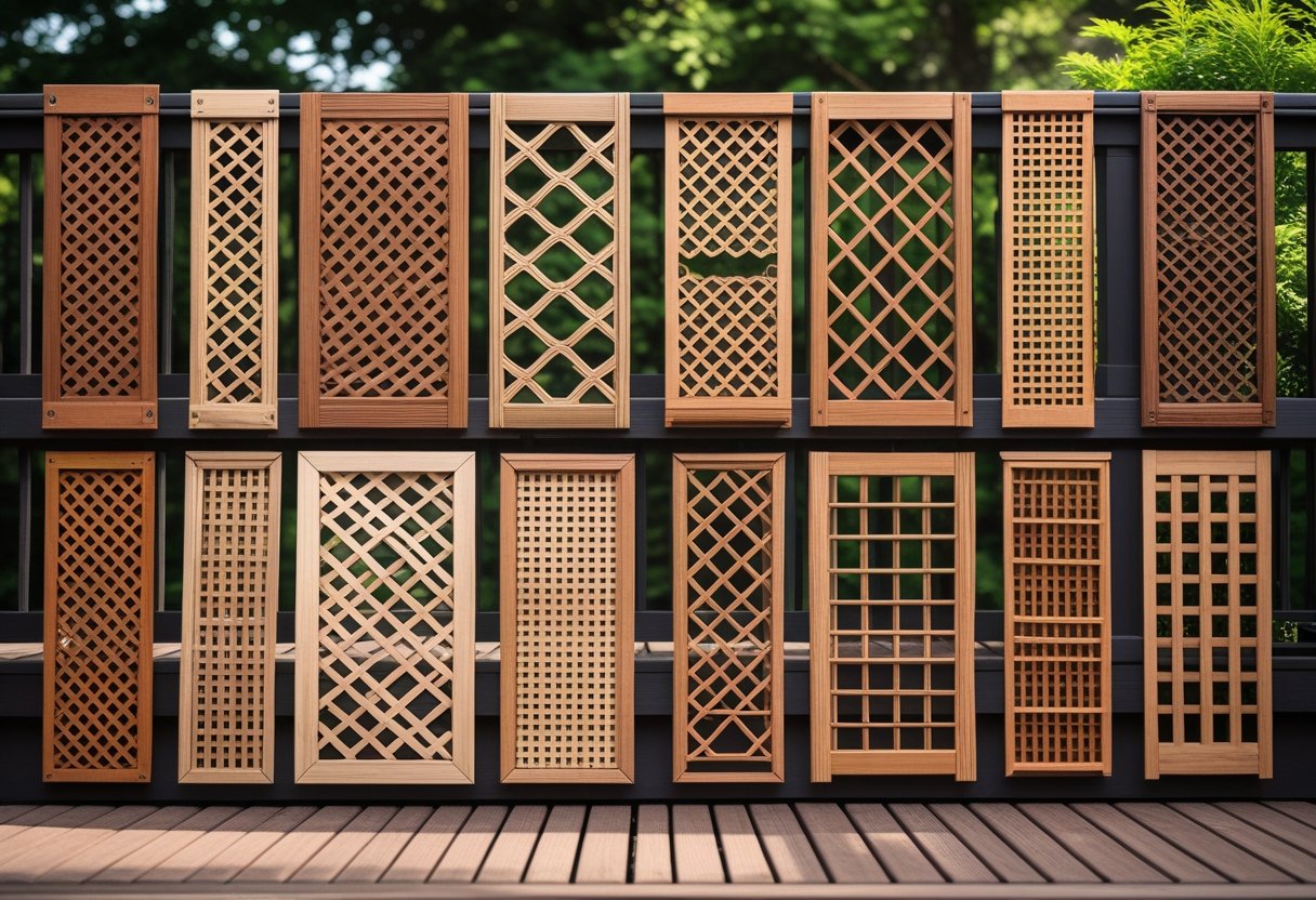 Ten different wood lattice panels displayed outdoors as deck skirting with greenery and wooden decks in the background.
