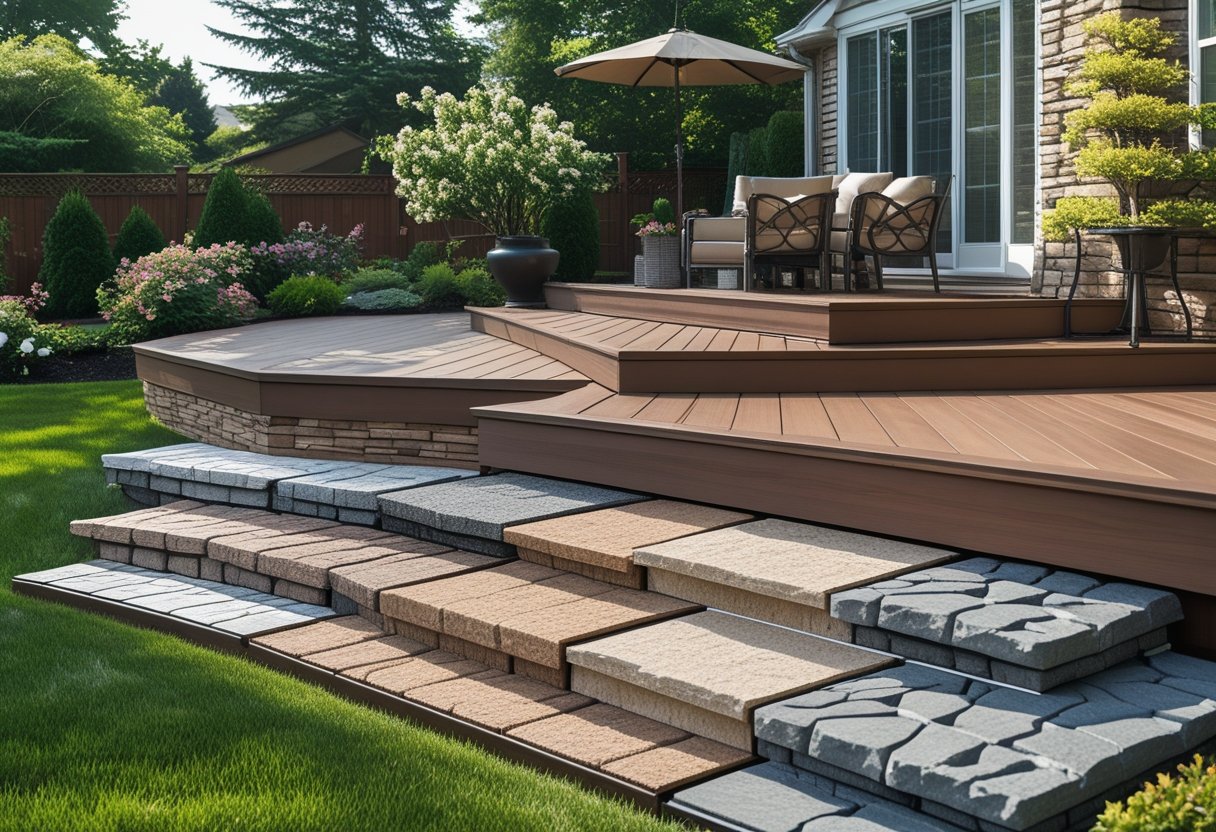 Outdoor wooden decks surrounded by different styles of faux stone skirting with green plants and lawn in the background.