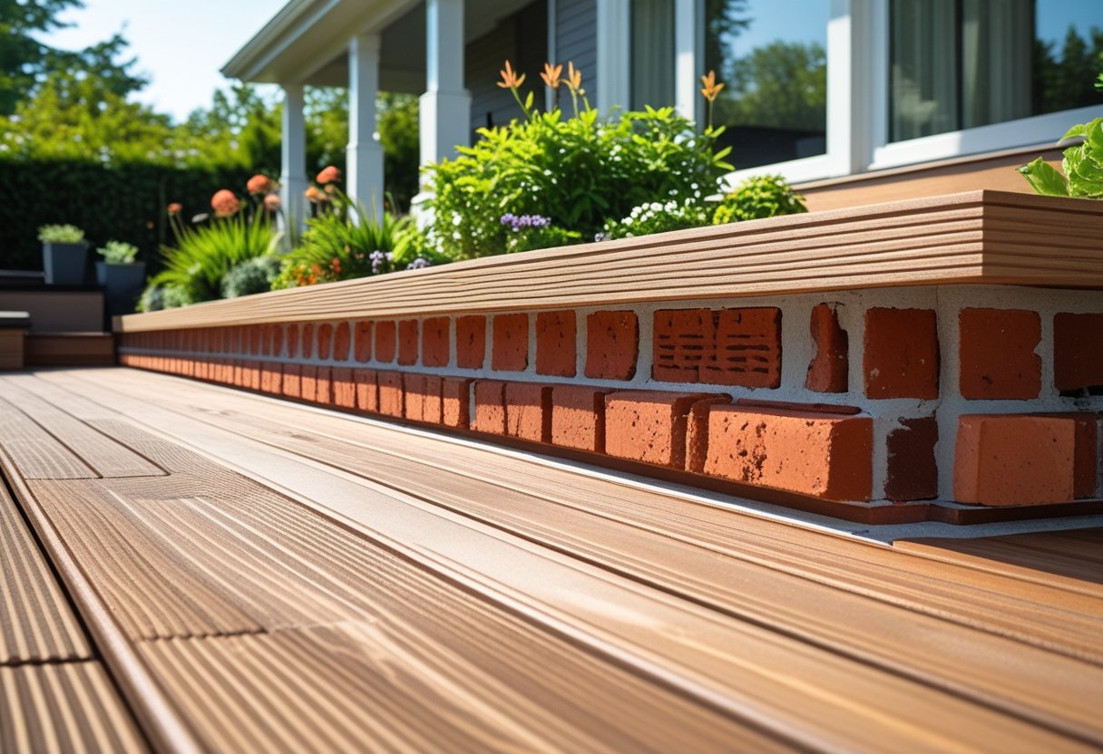 Outdoor wooden deck with brick skirting surrounded by green plants and a modern house in the background.