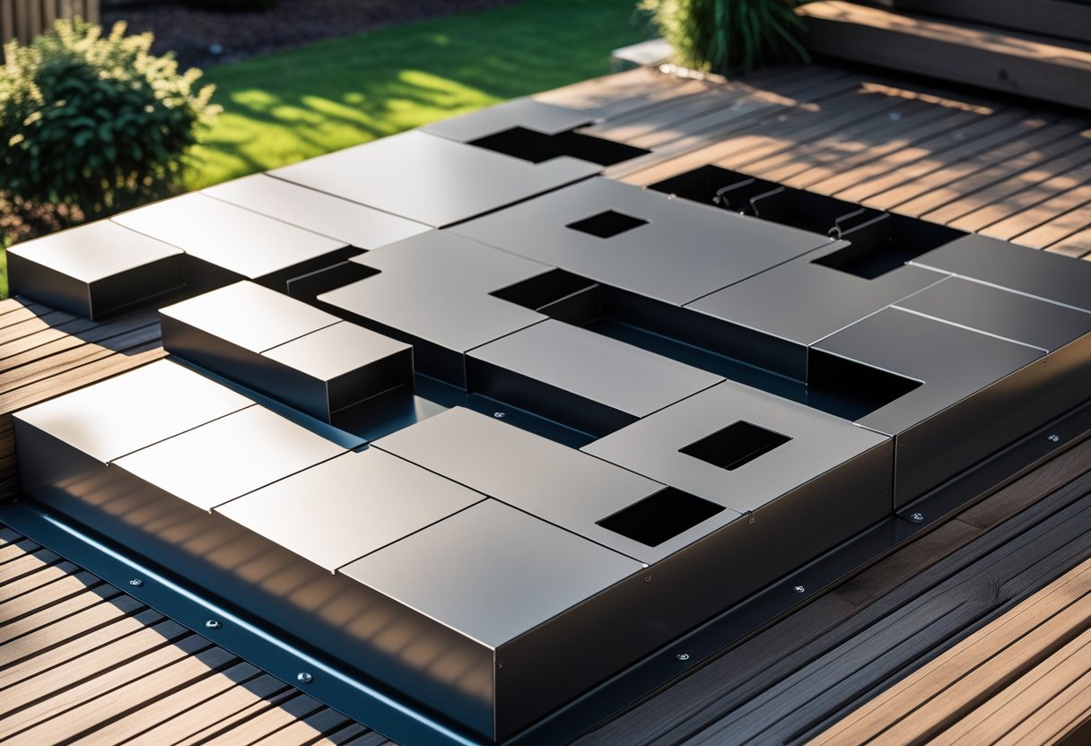 Metal panels with geometric cutouts installed as deck skirting around wooden decks in a backyard setting.