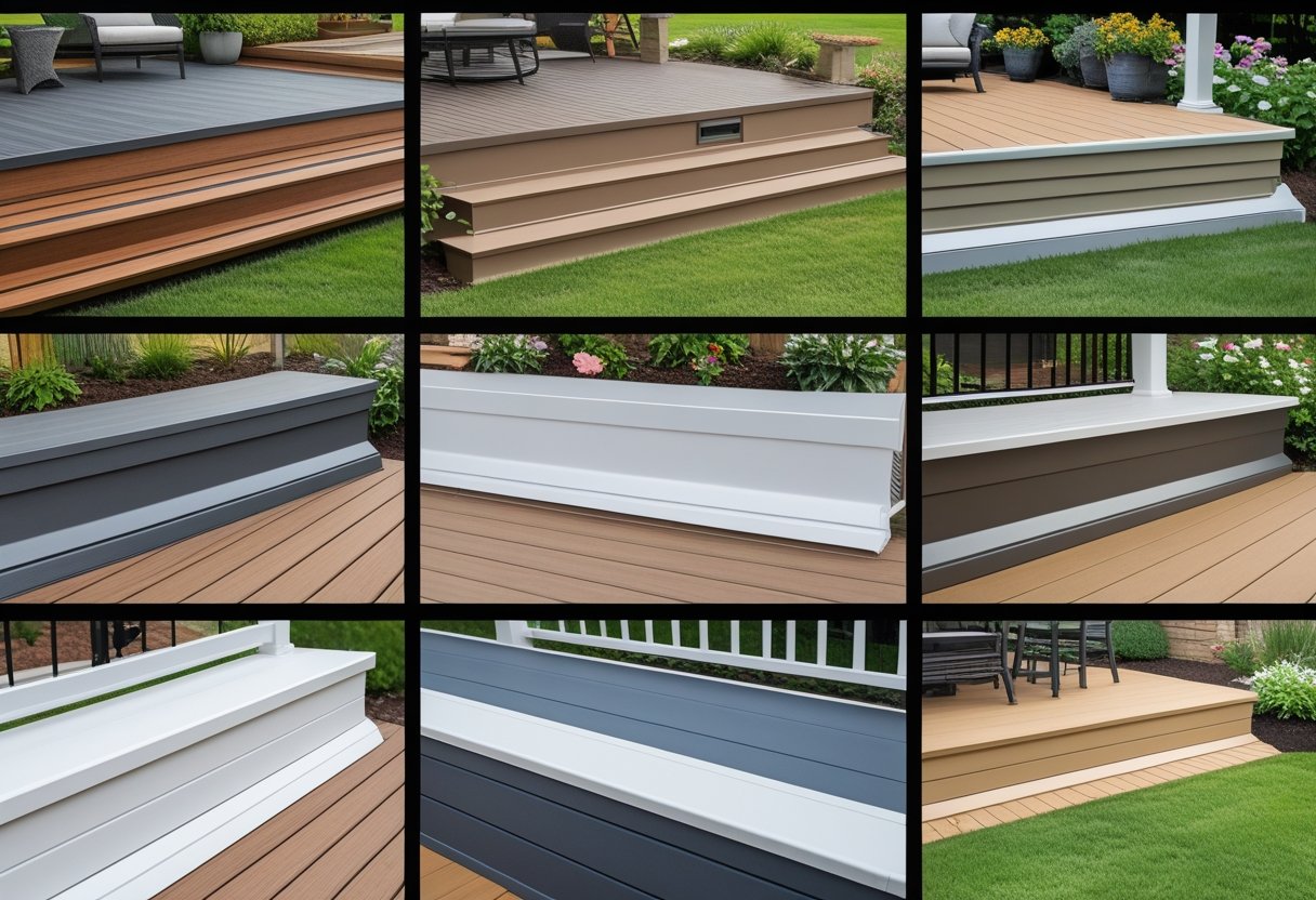 Outdoor wooden decks with ten different types of PVC deck skirting installed, surrounded by grass and plants.