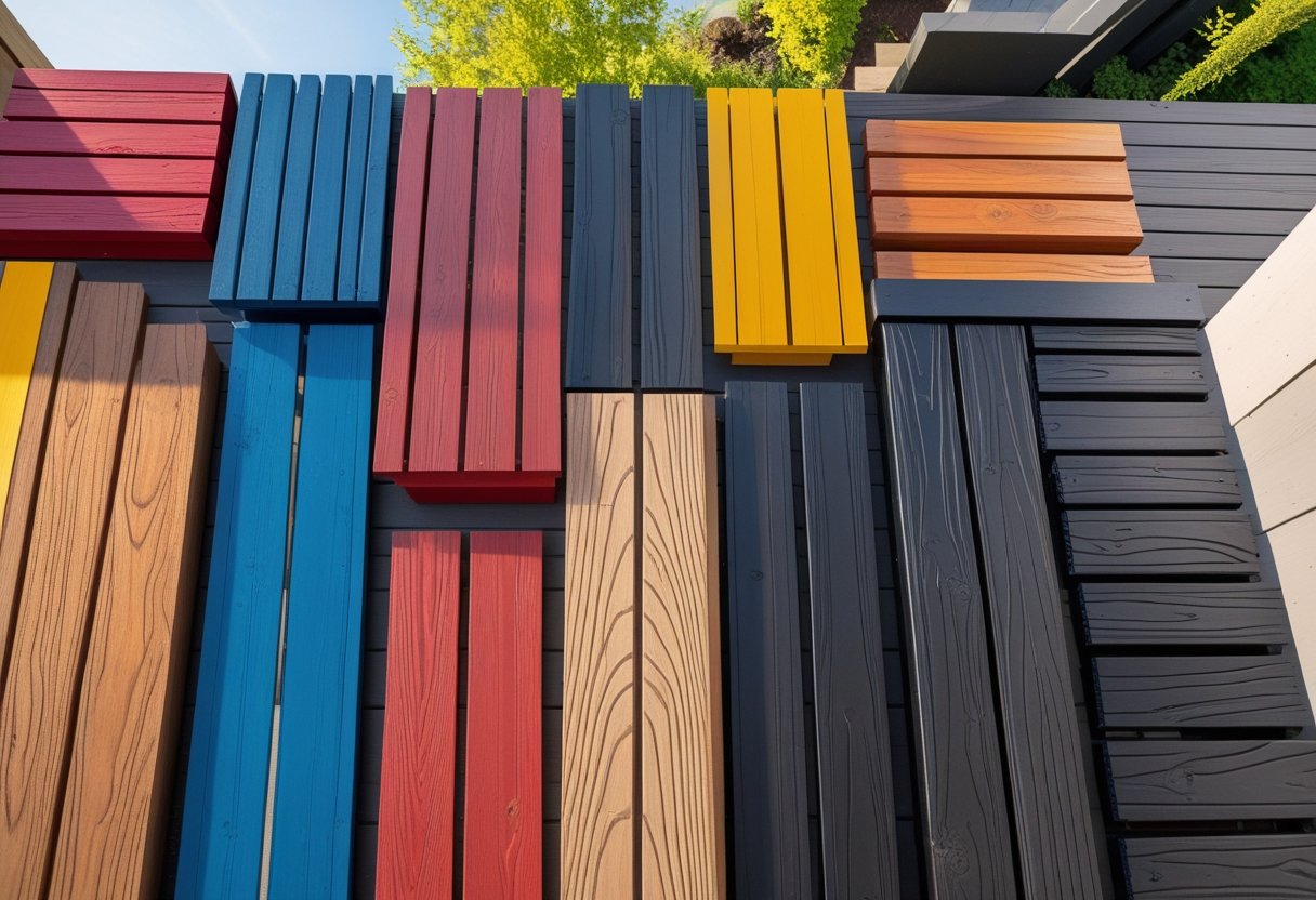 A collection of ten different deck skirts made from painted solid wood boards in various colors and patterns around an outdoor deck.