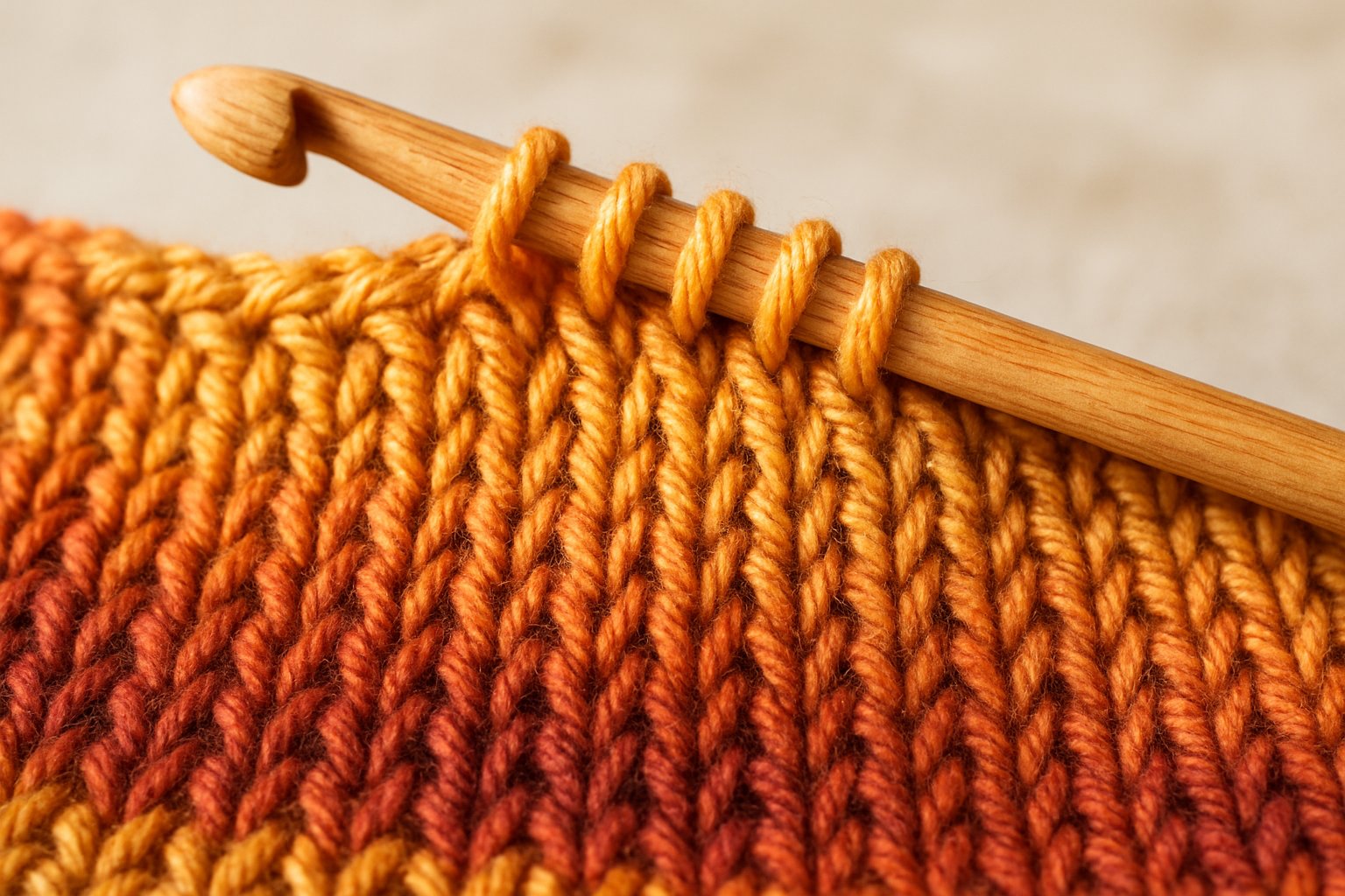 Close-up of hands crocheting a detailed Tunisian crochet stitch with warm-colored yarn and a wooden crochet hook.