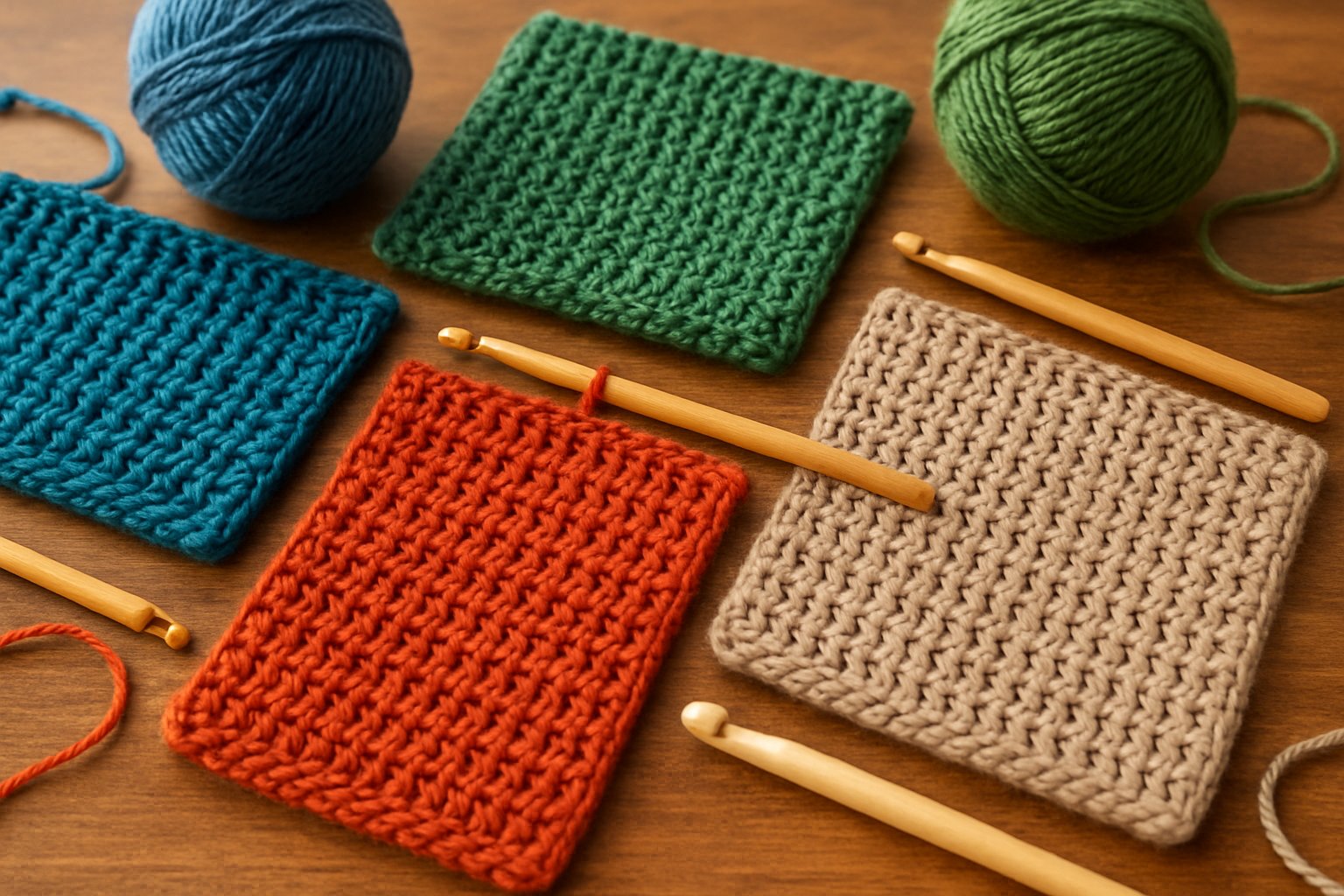 Close-up of colorful Tunisian crochet pieces and yarn arranged on a wooden table.