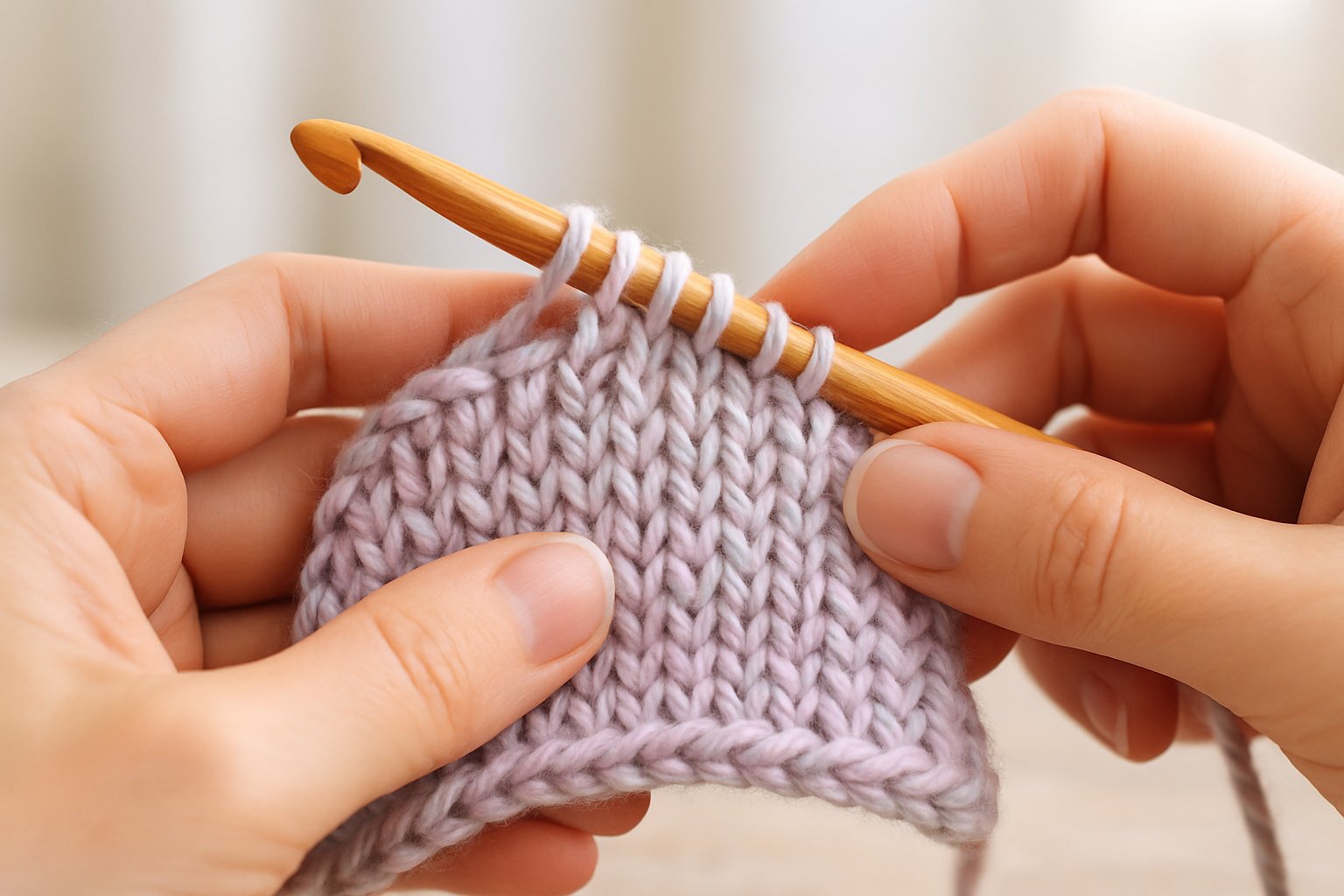 Hands crocheting with a Tunisian crochet hook and pastel yarn, showing the textured stitch pattern.