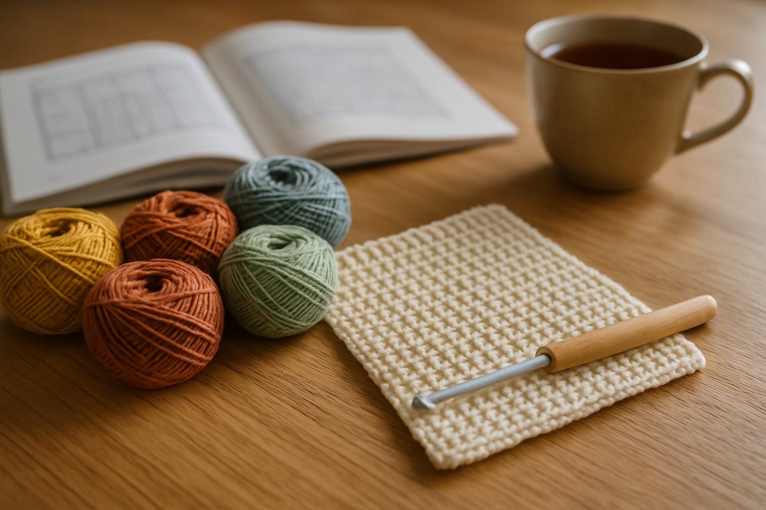 A wooden table with colorful yarn balls, a Tunisian crochet hook, and a partially completed crochet piece, with a crochet pattern book and a cup of tea in the background.