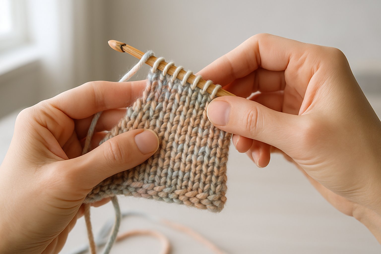 Close-up of hands creating Tunisian crochet with yarn and a crochet hook on a bright workspace.