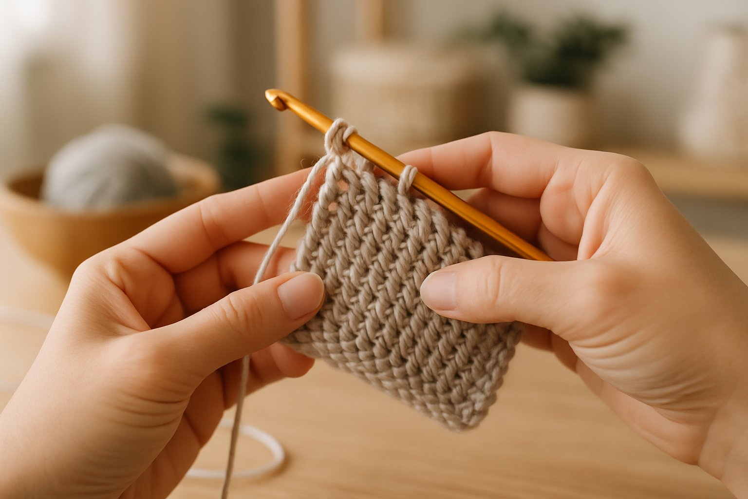 Close-up of hands crocheting with a Tunisian crochet hook and yarn, creating a textured fabric.