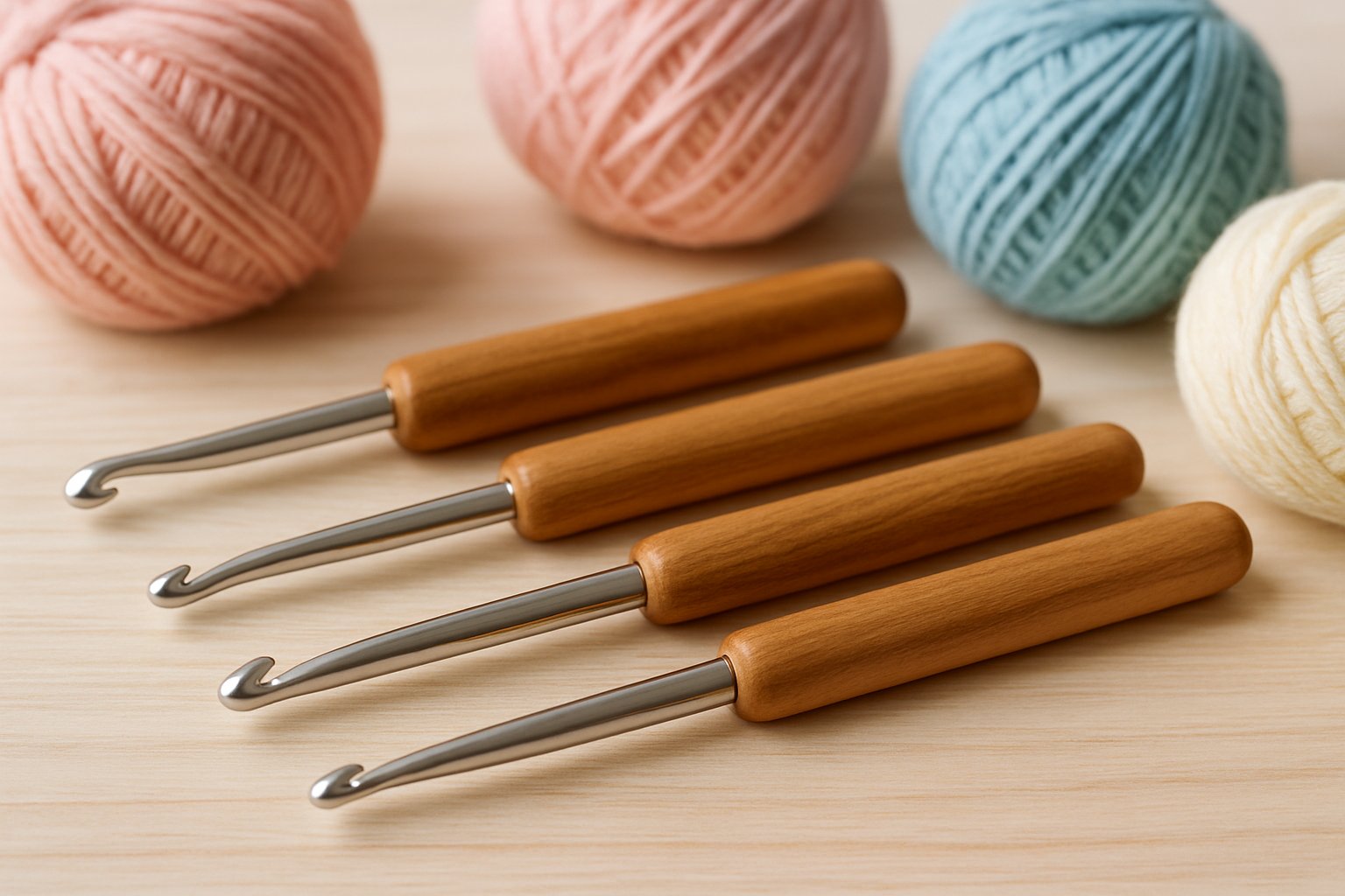 Close-up of several Tunisian crochet hooks with wooden handles and colorful yarn balls on a wooden surface.