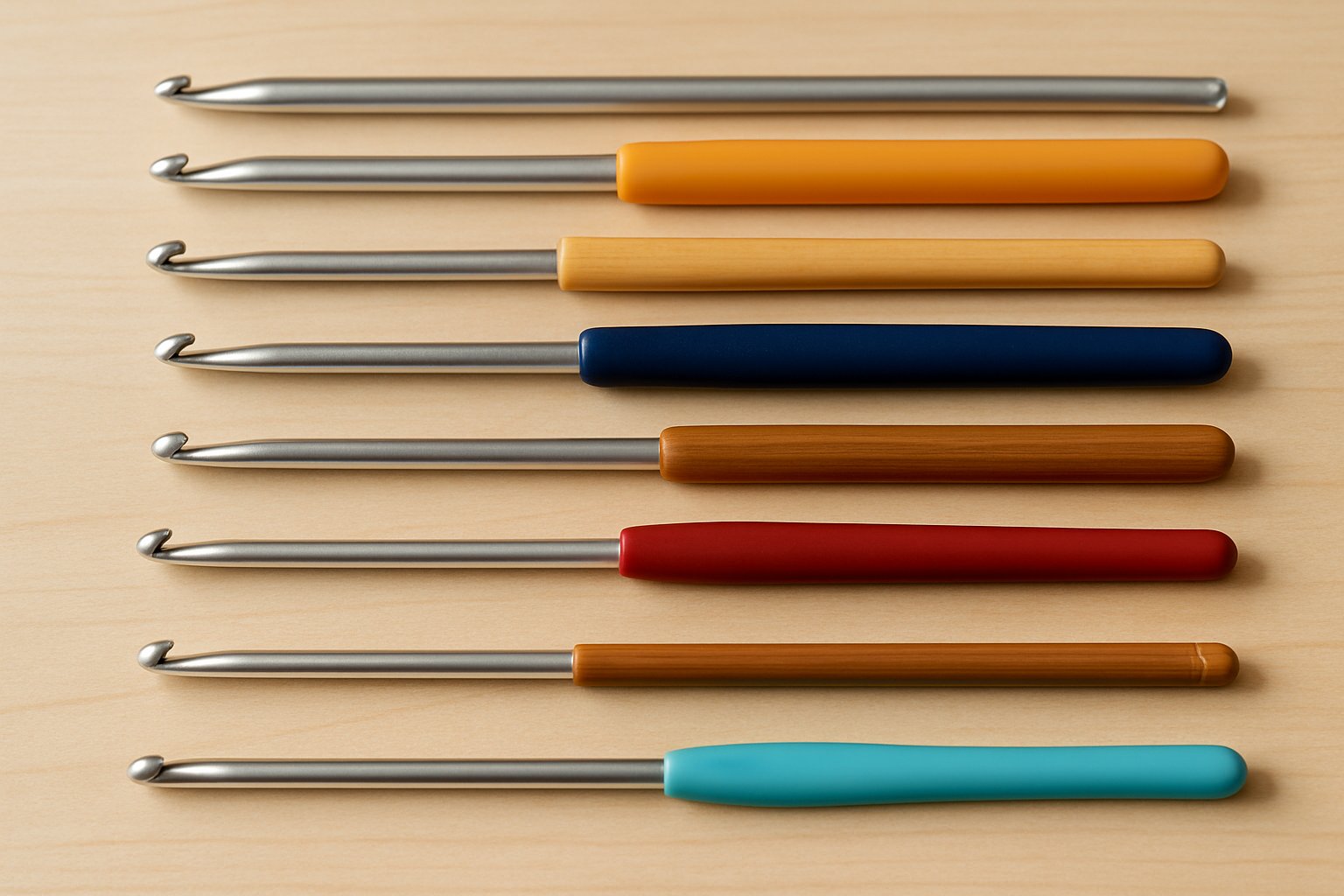 A variety of Tunisian crochet hooks of different sizes and materials arranged on a wooden surface.