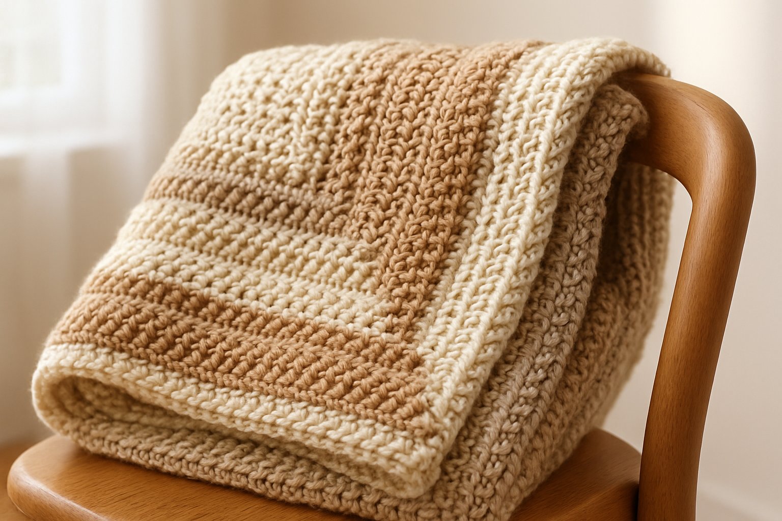 A close-up of a folded Tunisian crochet blanket with textured stitch patterns draped over a wooden chair in a softly lit room.