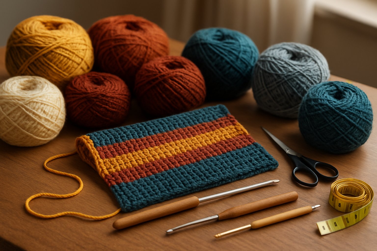 A wooden table with colorful yarn skeins, a partially crocheted scarf, crochet hooks, scissors, and a measuring tape arranged for a Tunisian crochet project.