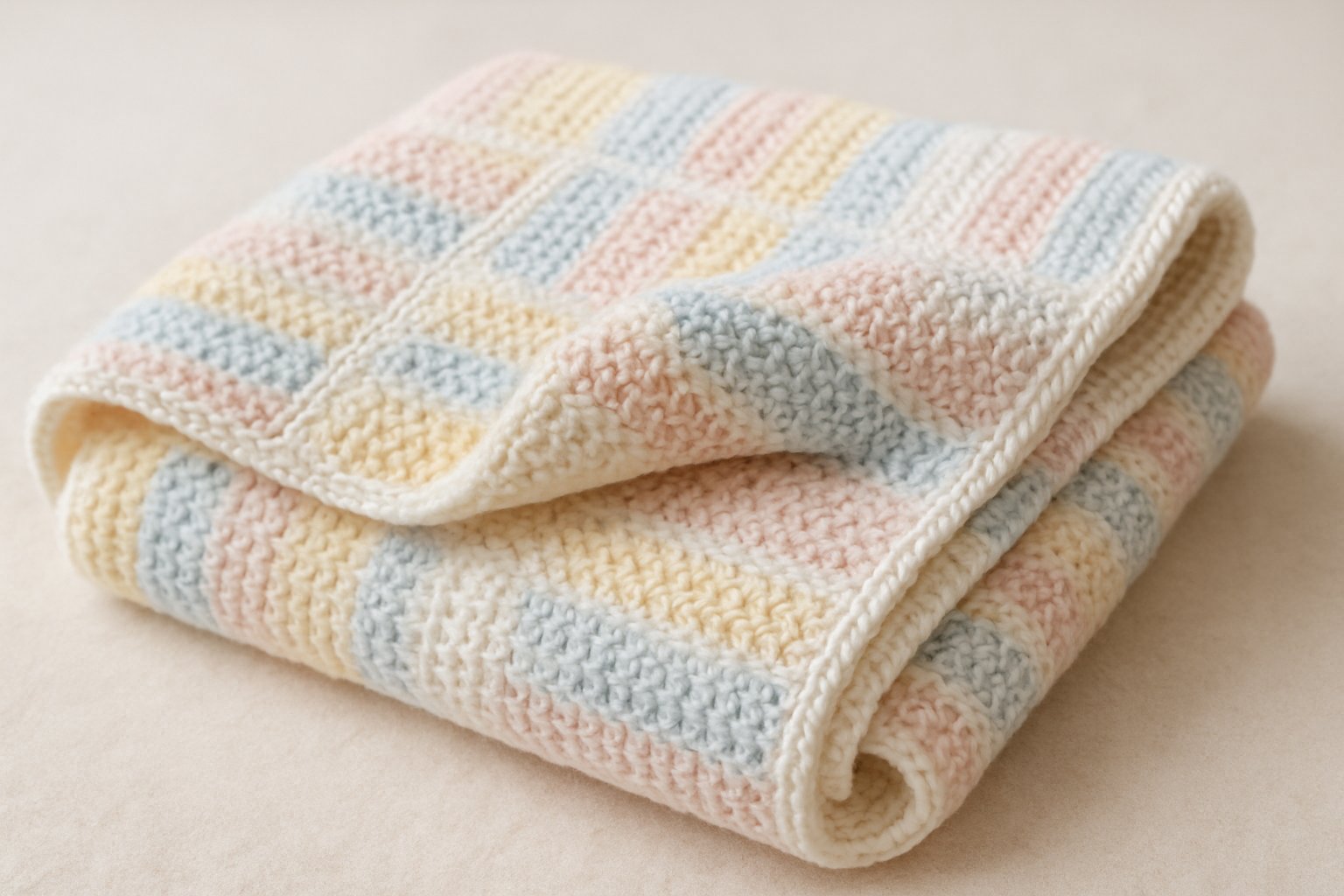 A folded pastel-colored Tunisian crochet baby blanket with intricate textured patterns on a soft surface.