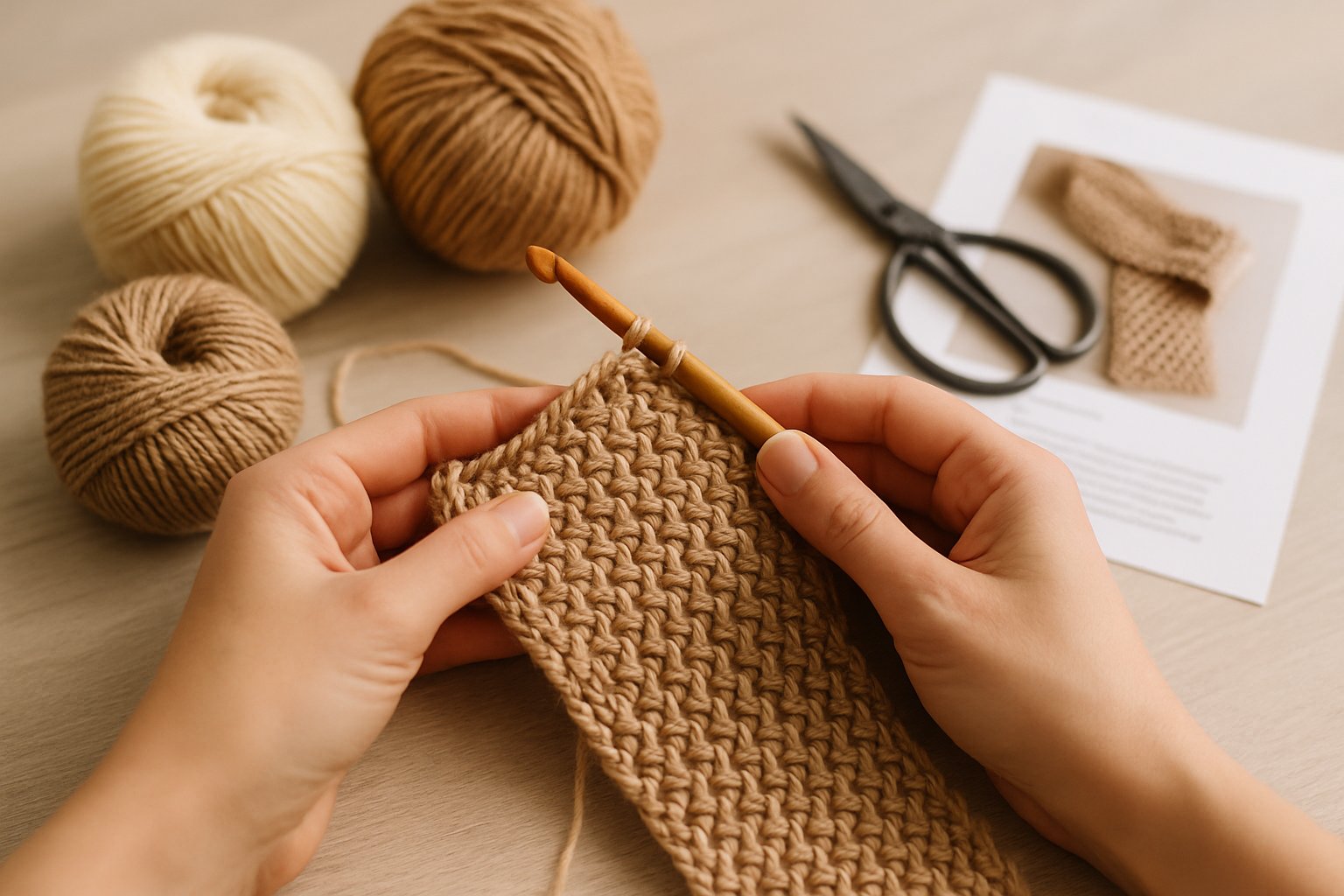 Hands crocheting a textured scarf with a wooden hook and yarn, surrounded by yarn balls and crochet tools on a table.