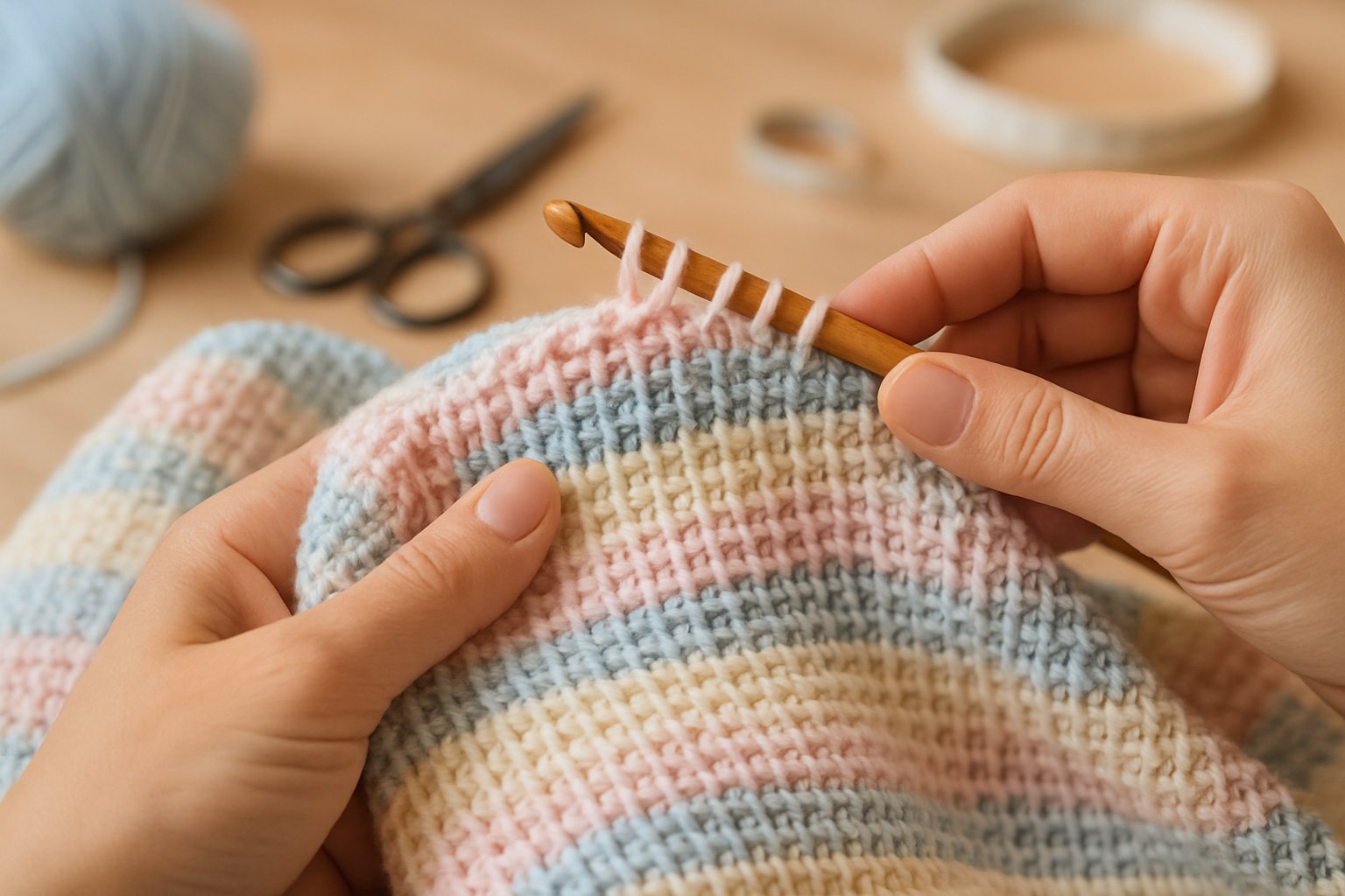 Hands crocheting a pastel-colored baby blanket with a wooden crochet hook on a light wooden table surrounded by yarn and crafting tools.