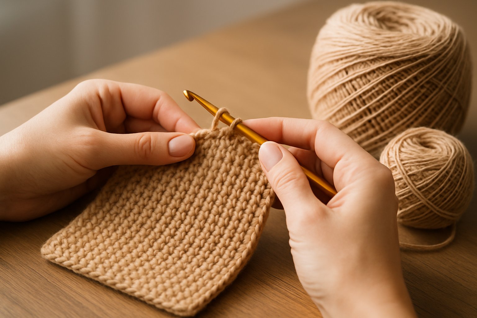 Hands crocheting a beige Tunisian crochet piece with yarn and crochet hook on a wooden table.