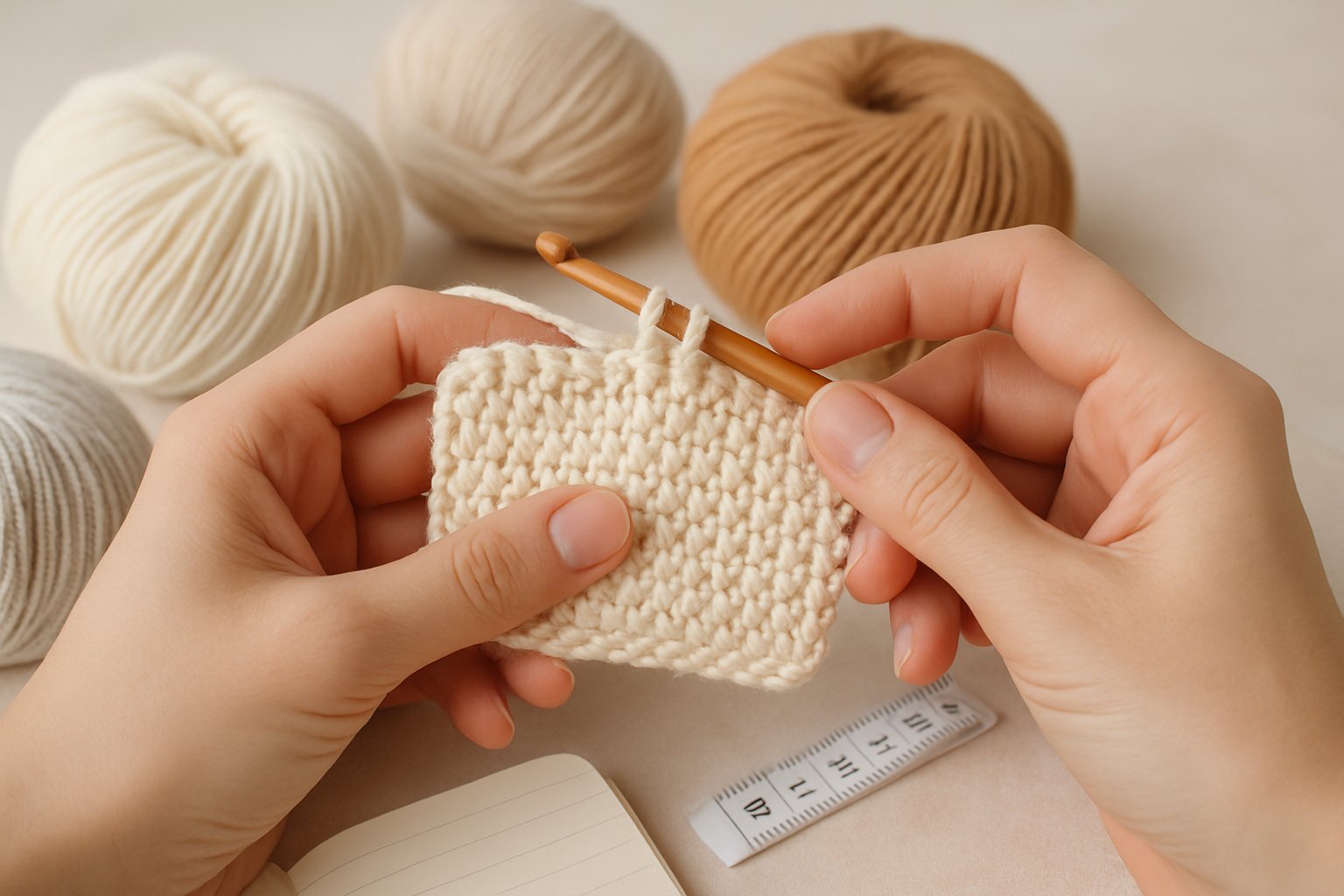 Hands crocheting with light-colored yarn surrounded by skeins of yarn and a measuring tape.