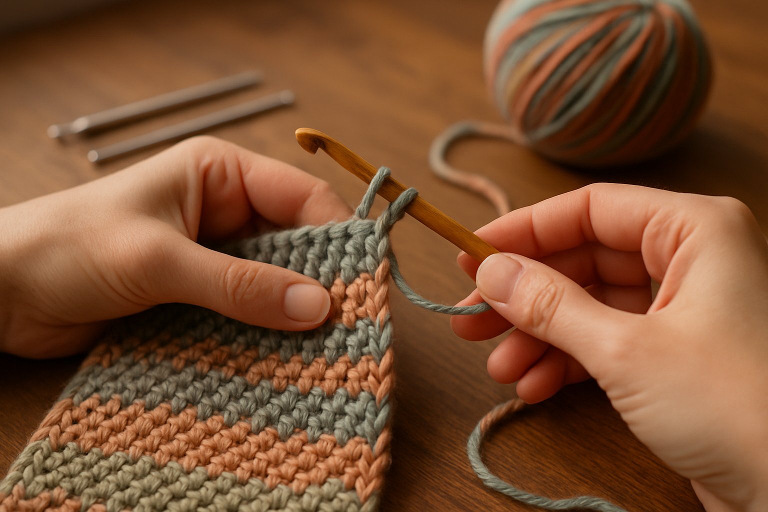 Close-up of hands finishing a Tunisian crochet project with a crochet hook and yarn on a wooden table.