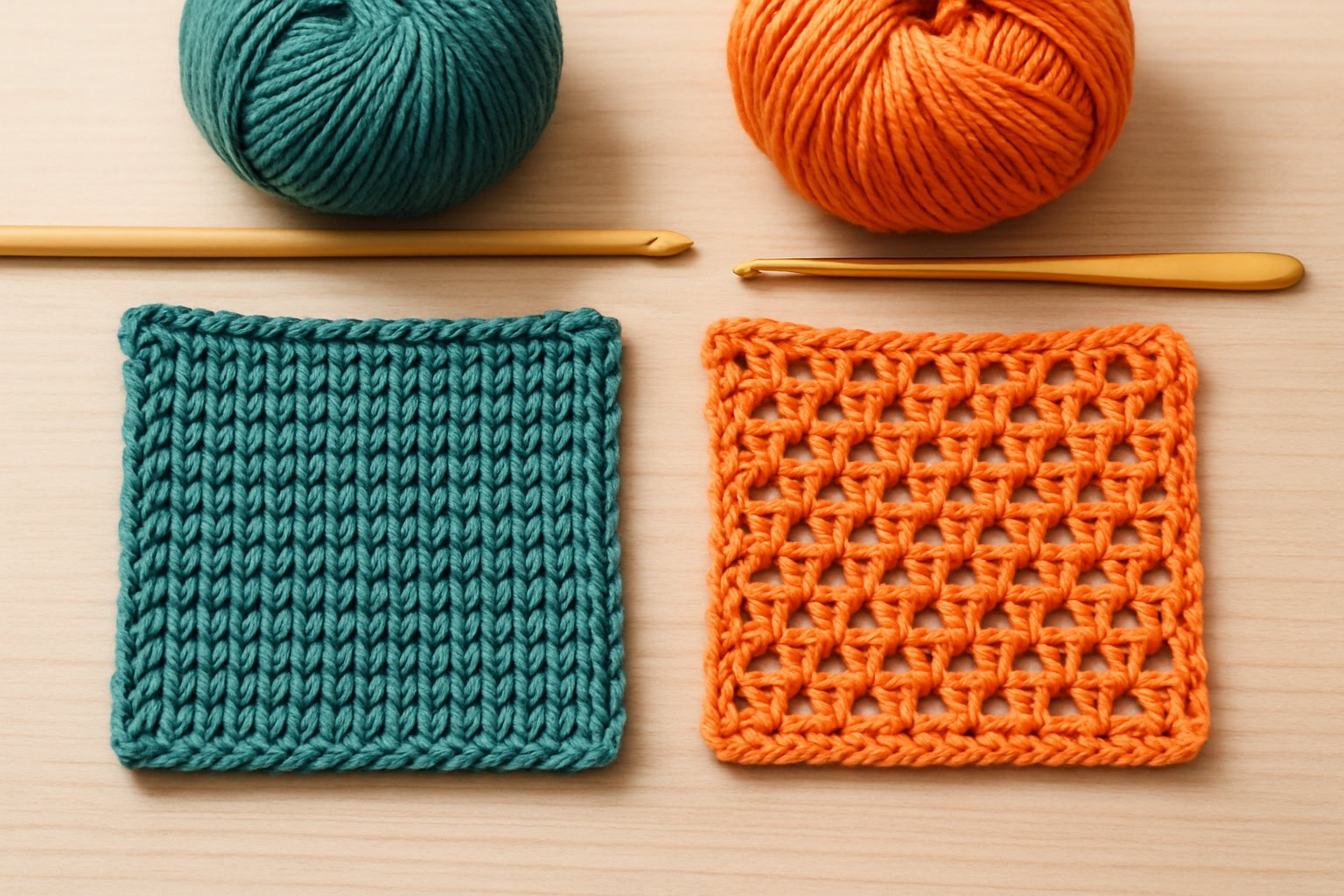Side-by-side comparison of Tunisian crochet and traditional crochet pieces with yarn and hooks on a wooden surface.