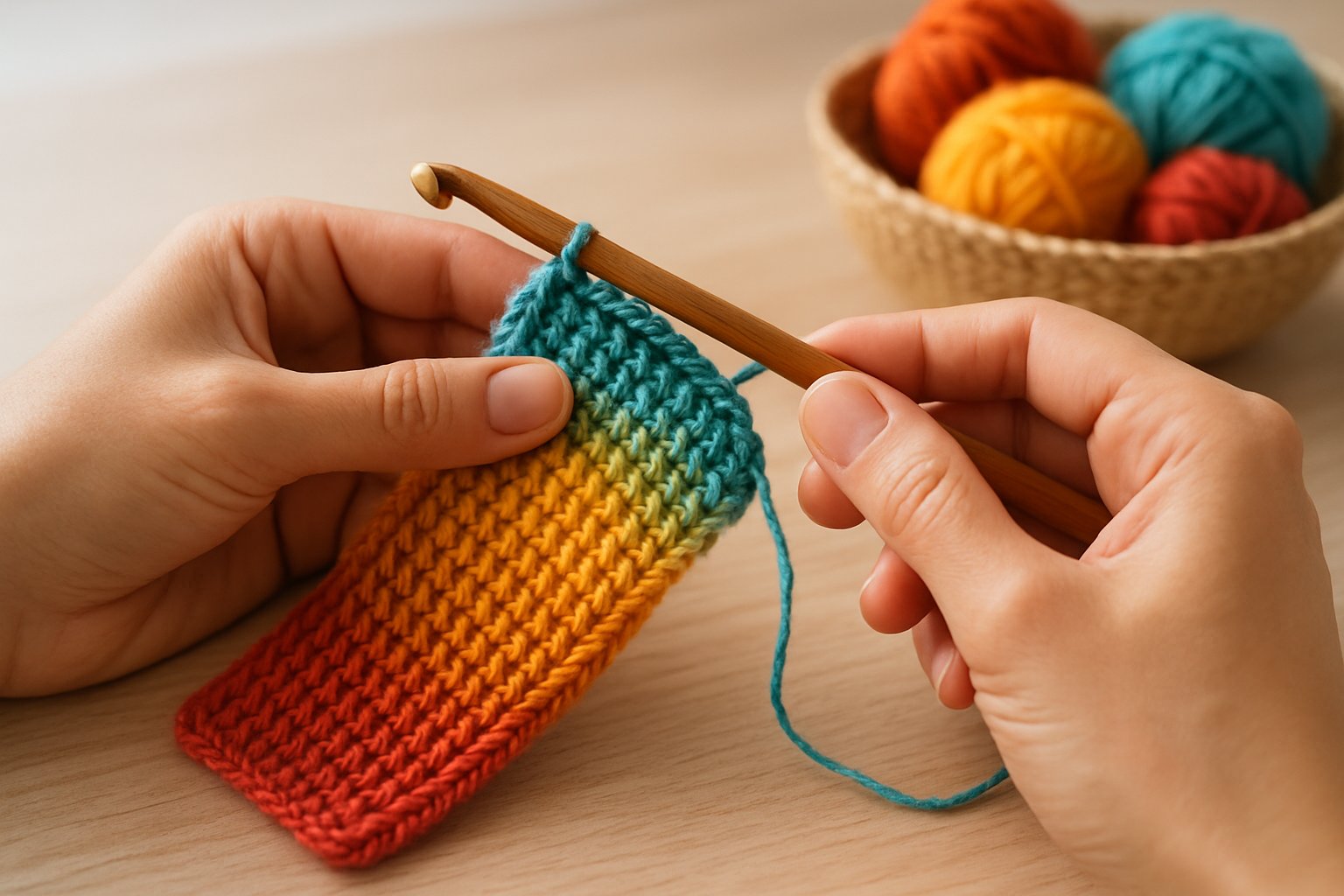 Close-up of hands finishing a Tunisian crochet project with a wooden crochet hook and colorful yarn on a wooden table.
