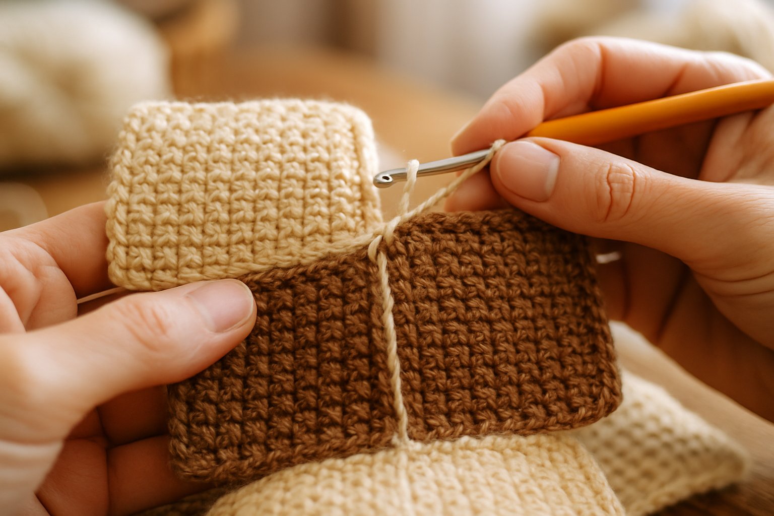 Hands joining colorful Tunisian crochet squares with a crochet hook in a cozy crafting setting.